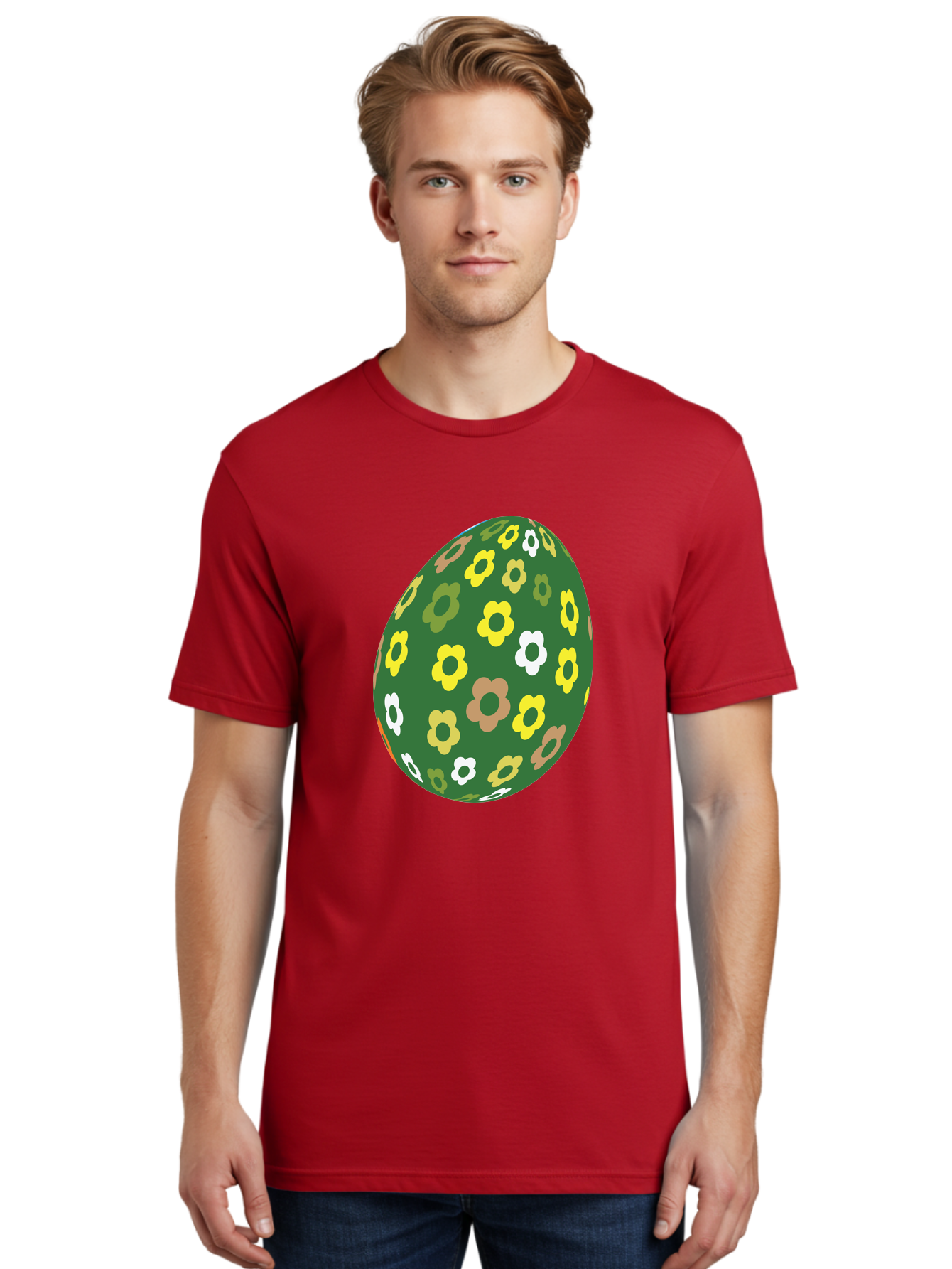 Floral-Easter-Egg-2 Men'S Graphic Tee, 100% Cotton, Comfortable Casual Summer Wear, Machine Washable, Easter Egg, Floral Pattern, Yellow Flowers, White Flowers, Green Egg, Easter Decoration, Spring Theme, Festive Design, Colorful Graphic, Aac726