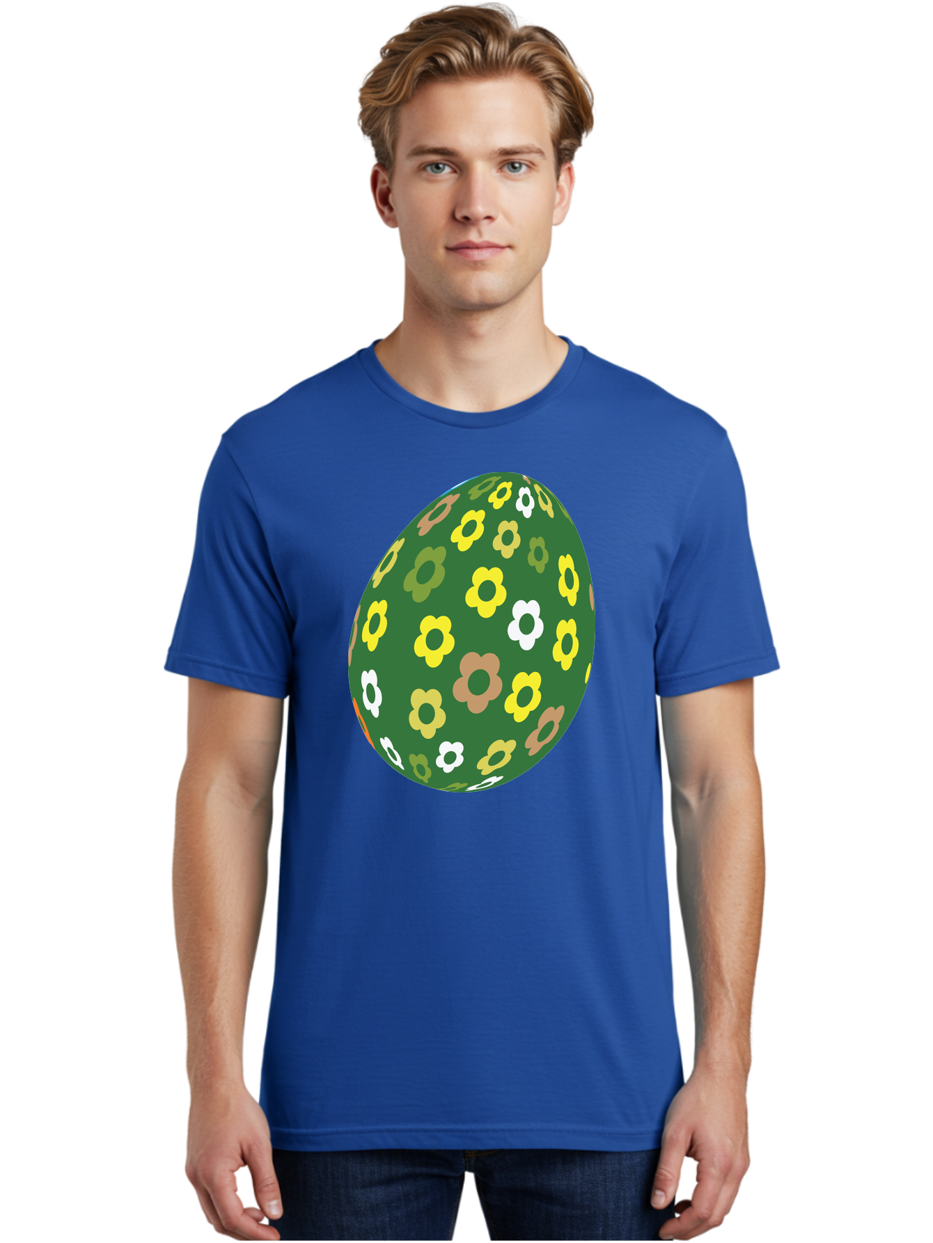 Floral-Easter-Egg-2 Men'S Graphic Tee, 100% Cotton, Comfortable Casual Summer Wear, Machine Washable, Easter Egg, Floral Pattern, Yellow Flowers, White Flowers, Green Egg, Easter Decoration, Spring Theme, Festive Design, Colorful Graphic, Aac726
