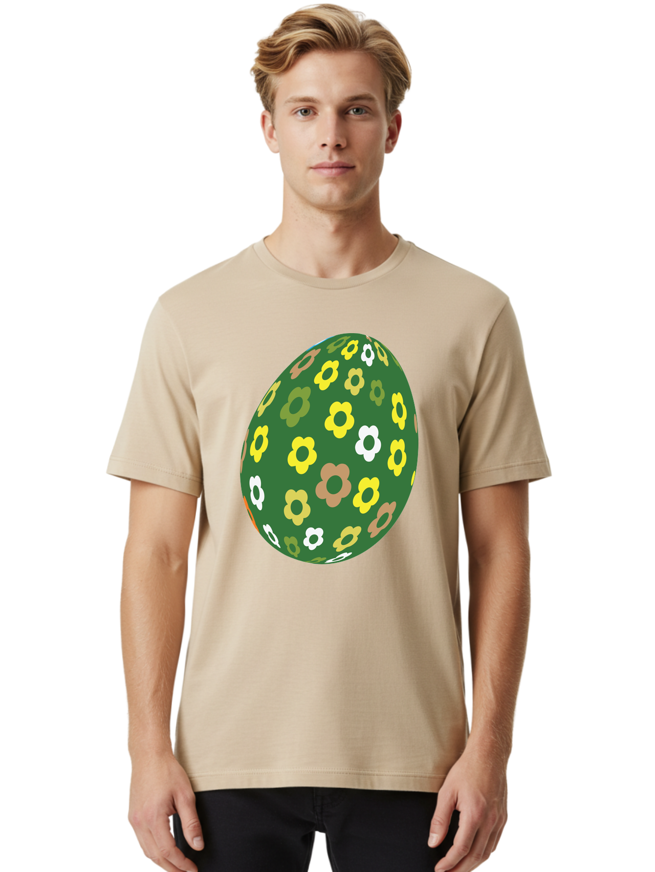 Floral-Easter-Egg-2 Men'S Graphic Tee, 100% Cotton, Comfortable Casual Summer Wear, Machine Washable, Easter Egg, Floral Pattern, Yellow Flowers, White Flowers, Green Egg, Easter Decoration, Spring Theme, Festive Design, Colorful Graphic, Aac726