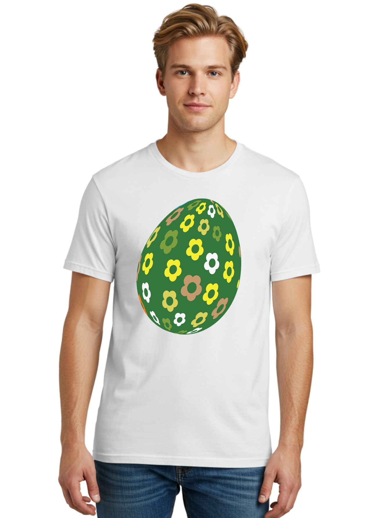 Floral-Easter-Egg-2 Men'S Graphic Tee, 100% Cotton, Comfortable Casual Summer Wear, Machine Washable, Easter Egg, Floral Pattern, Yellow Flowers, White Flowers, Green Egg, Easter Decoration, Spring Theme, Festive Design, Colorful Graphic, Aac726