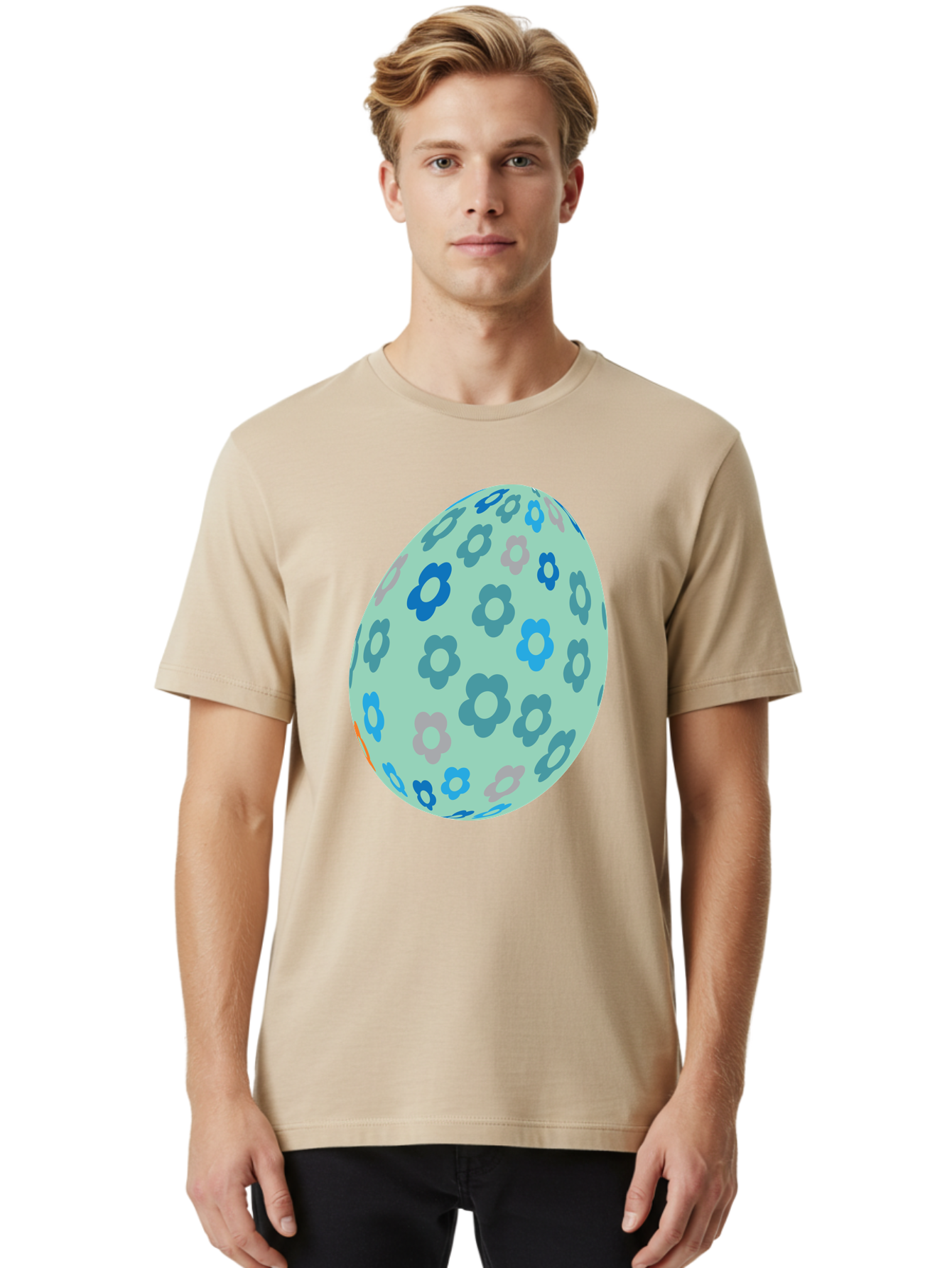 Floral-Easter-Egg-3 Men'S Graphic Tee, 100% Cotton, Comfortable Casual Summer Wear, Machine Washable, Blue Flowers, Pastel Colors, Floral Pattern, Easter Egg, Spring Theme, Decorative Design, Digital Illustration Aac727