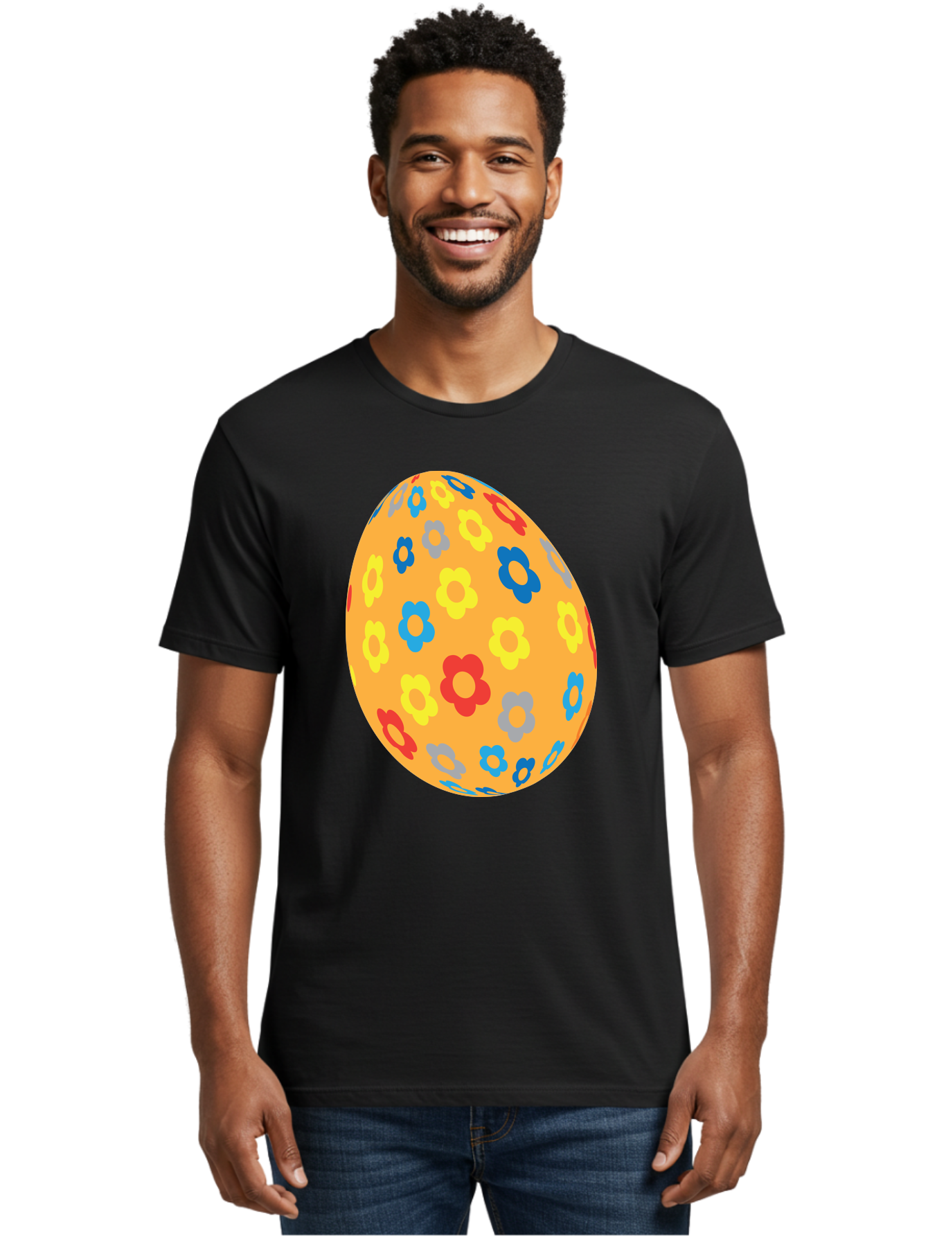 Floral-Easter-Egg Men'S Graphic Tee, 100% Cotton, Comfortable Casual Summer Wear, Machine Washable, Orange Easter Egg, Colorful Flowers, Decorative Pattern, Festive Design, Spring Theme, Vibrant Colors, Easter Decoration, Floral Motif Aac728