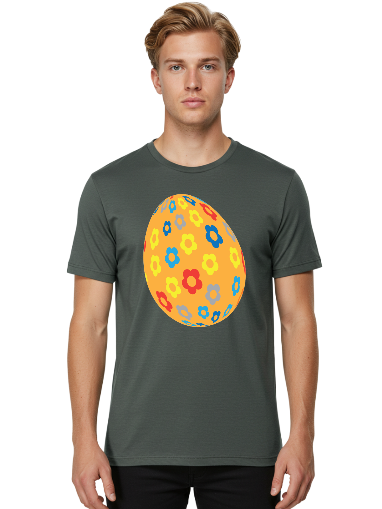 Floral-Easter-Egg Men'S Graphic Tee, 100% Cotton, Comfortable Casual Summer Wear, Machine Washable, Orange Easter Egg, Colorful Flowers, Decorative Pattern, Festive Design, Spring Theme, Vibrant Colors, Easter Decoration, Floral Motif Aac728
