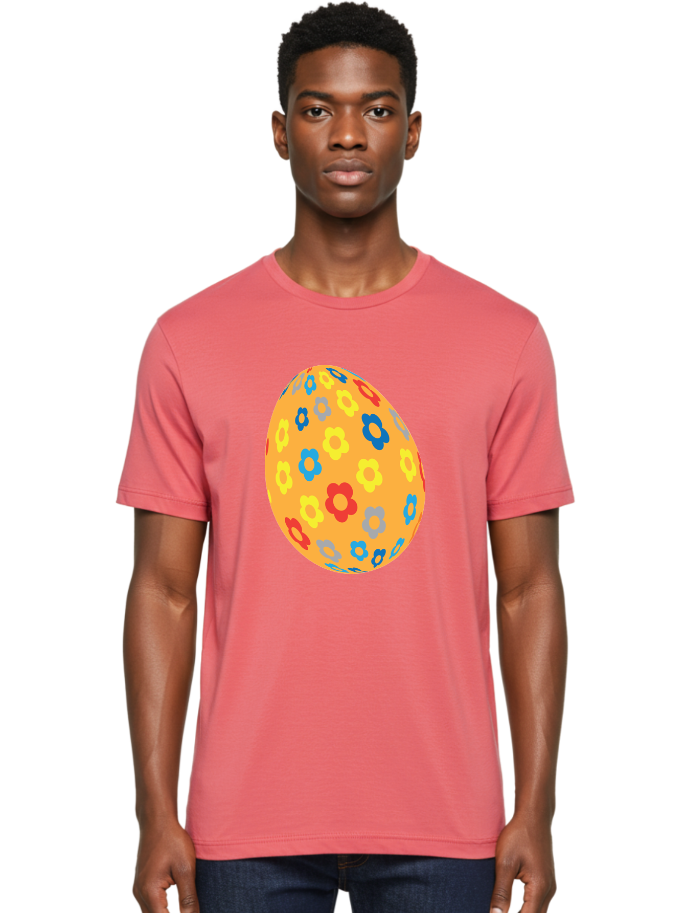 Floral-Easter-Egg Men'S Graphic Tee, 100% Cotton, Comfortable Casual Summer Wear, Machine Washable, Orange Easter Egg, Colorful Flowers, Decorative Pattern, Festive Design, Spring Theme, Vibrant Colors, Easter Decoration, Floral Motif Aac728