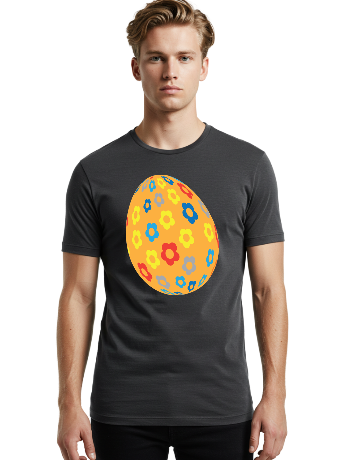 Floral-Easter-Egg Men'S Graphic Tee, 100% Cotton, Comfortable Casual Summer Wear, Machine Washable, Orange Easter Egg, Colorful Flowers, Decorative Pattern, Festive Design, Spring Theme, Vibrant Colors, Easter Decoration, Floral Motif Aac728