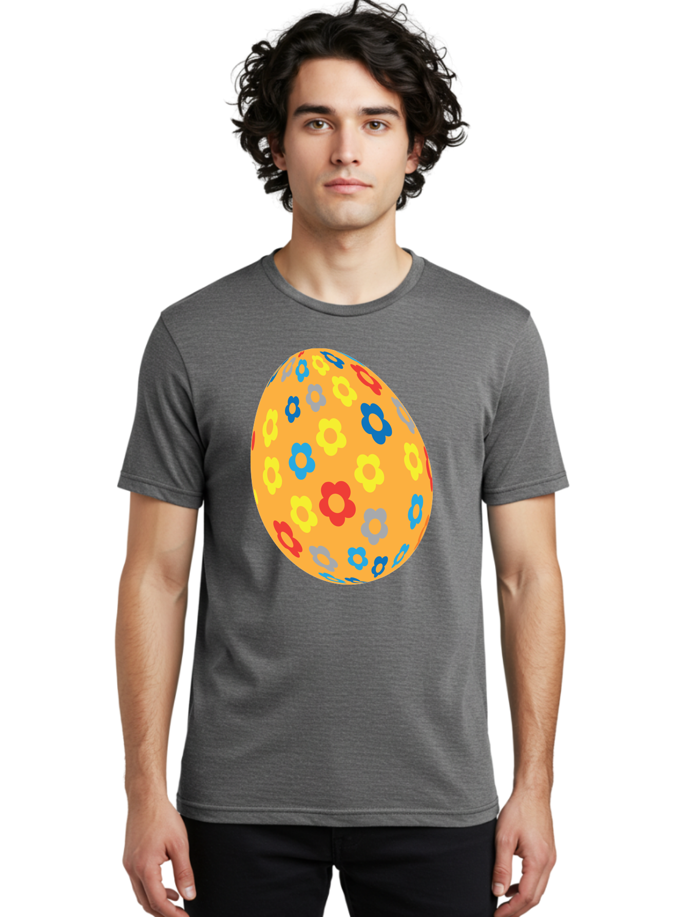 Floral-Easter-Egg Men'S Graphic Tee, 100% Cotton, Comfortable Casual Summer Wear, Machine Washable, Orange Easter Egg, Colorful Flowers, Decorative Pattern, Festive Design, Spring Theme, Vibrant Colors, Easter Decoration, Floral Motif Aac728