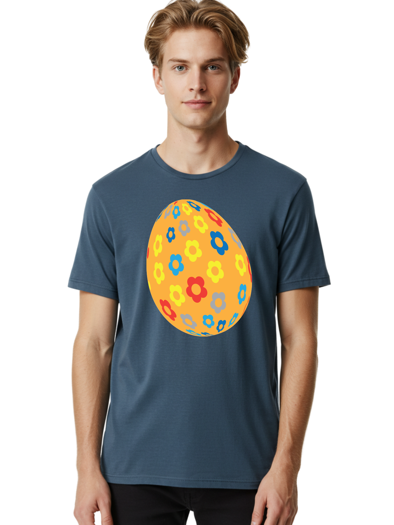 Floral-Easter-Egg Men'S Graphic Tee, 100% Cotton, Comfortable Casual Summer Wear, Machine Washable, Orange Easter Egg, Colorful Flowers, Decorative Pattern, Festive Design, Spring Theme, Vibrant Colors, Easter Decoration, Floral Motif Aac728