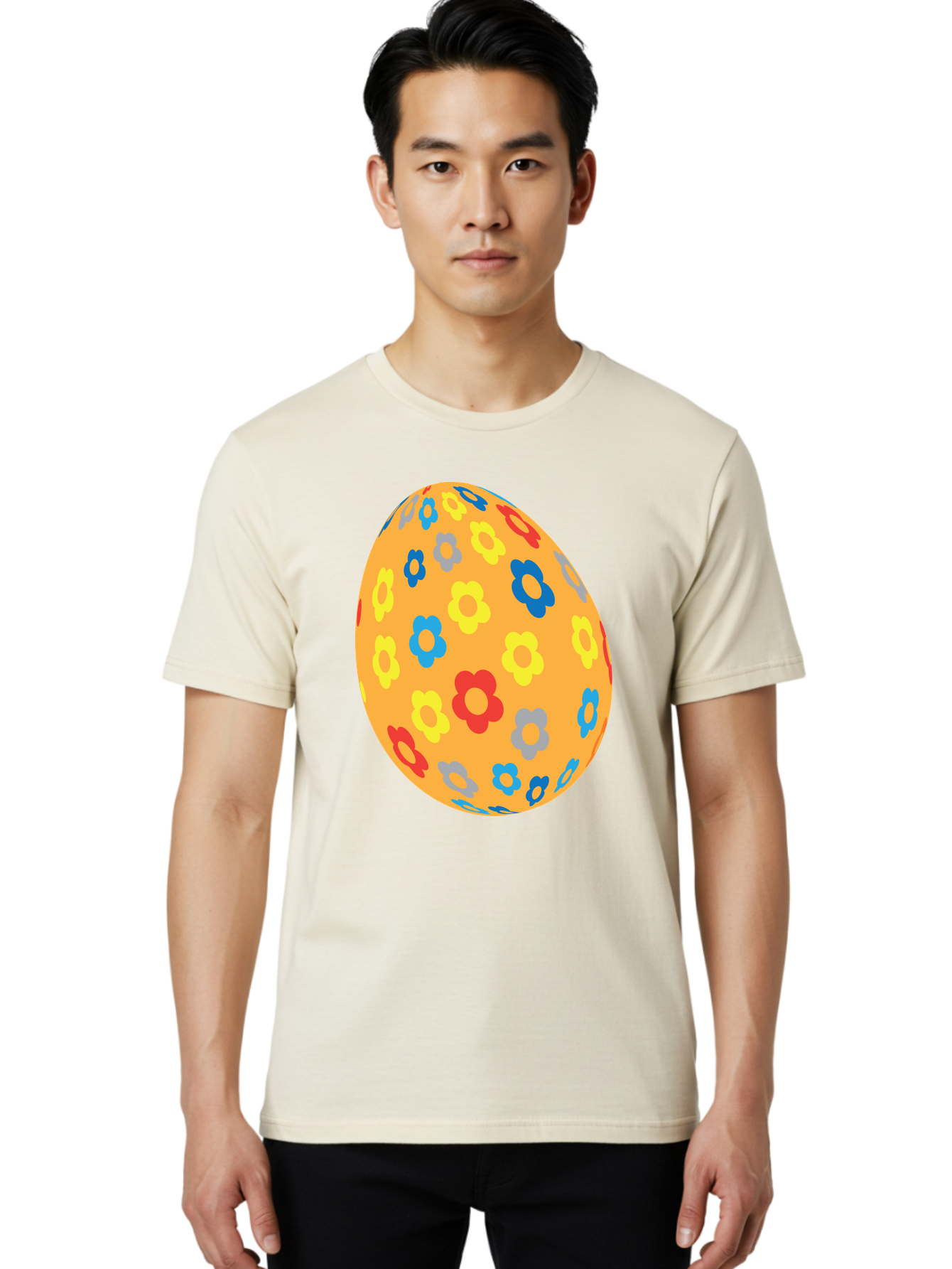 Floral-Easter-Egg Men'S Graphic Tee, 100% Cotton, Comfortable Casual Summer Wear, Machine Washable, Orange Easter Egg, Colorful Flowers, Decorative Pattern, Festive Design, Spring Theme, Vibrant Colors, Easter Decoration, Floral Motif Aac728