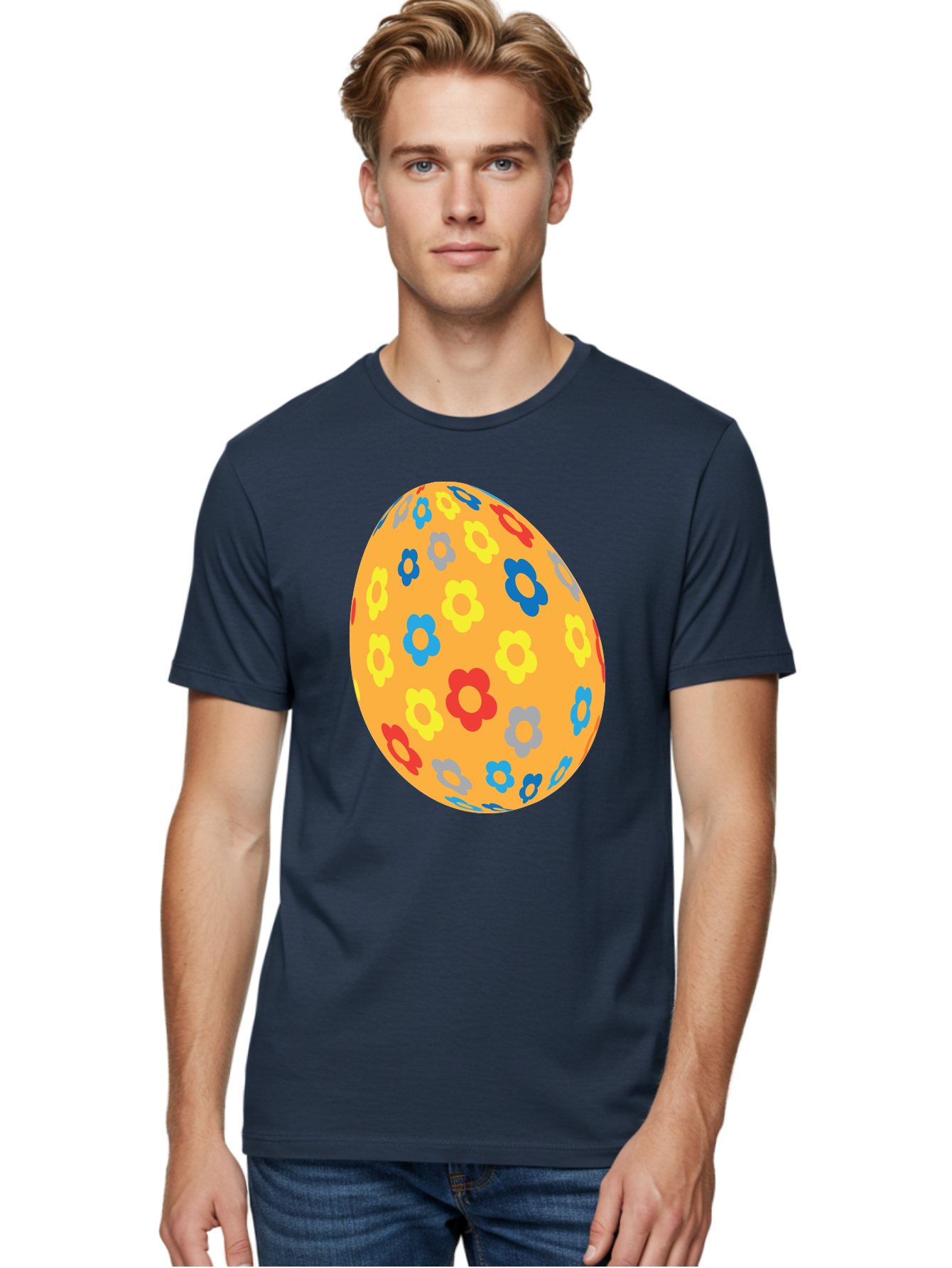 Floral-Easter-Egg Men'S Graphic Tee, 100% Cotton, Comfortable Casual Summer Wear, Machine Washable, Orange Easter Egg, Colorful Flowers, Decorative Pattern, Festive Design, Spring Theme, Vibrant Colors, Easter Decoration, Floral Motif Aac728