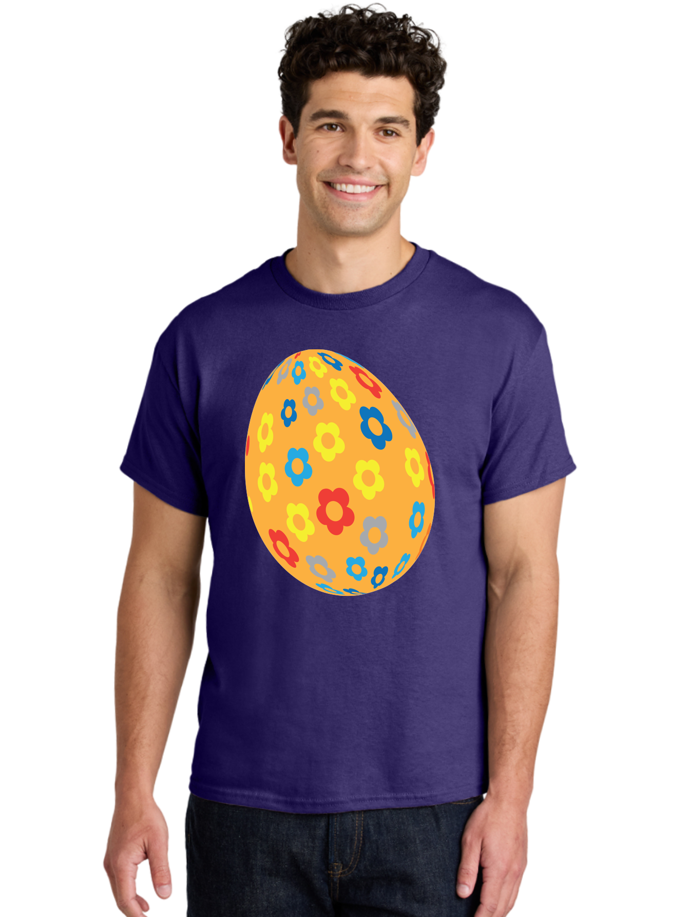 Floral-Easter-Egg Men'S Graphic Tee, 100% Cotton, Comfortable Casual Summer Wear, Machine Washable, Orange Easter Egg, Colorful Flowers, Decorative Pattern, Festive Design, Spring Theme, Vibrant Colors, Easter Decoration, Floral Motif Aac728