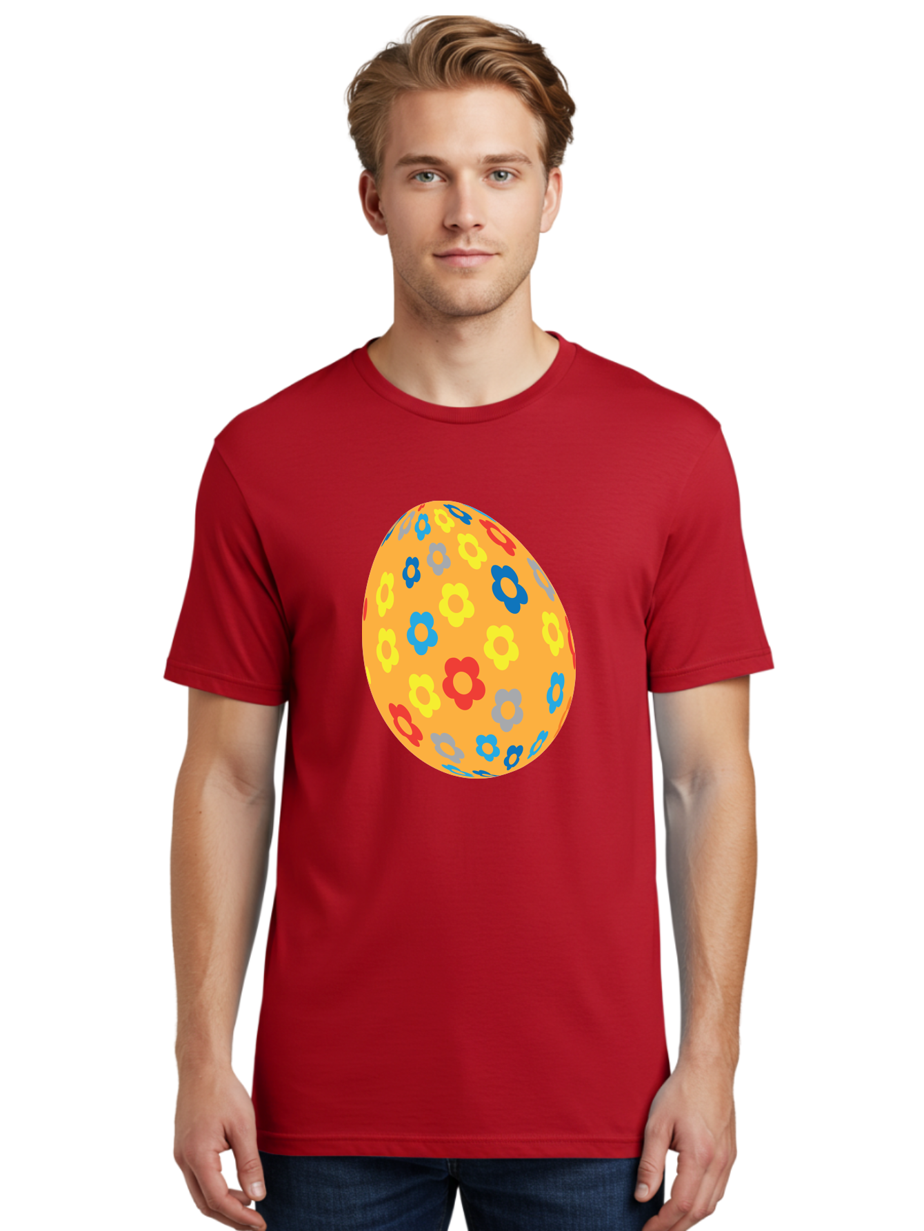 Floral-Easter-Egg Men'S Graphic Tee, 100% Cotton, Comfortable Casual Summer Wear, Machine Washable, Orange Easter Egg, Colorful Flowers, Decorative Pattern, Festive Design, Spring Theme, Vibrant Colors, Easter Decoration, Floral Motif Aac728