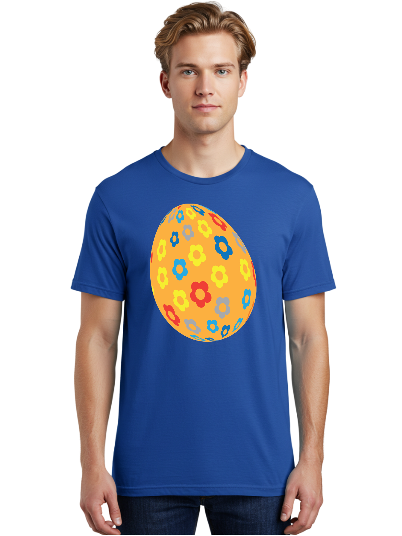 Floral-Easter-Egg Men'S Graphic Tee, 100% Cotton, Comfortable Casual Summer Wear, Machine Washable, Orange Easter Egg, Colorful Flowers, Decorative Pattern, Festive Design, Spring Theme, Vibrant Colors, Easter Decoration, Floral Motif Aac728