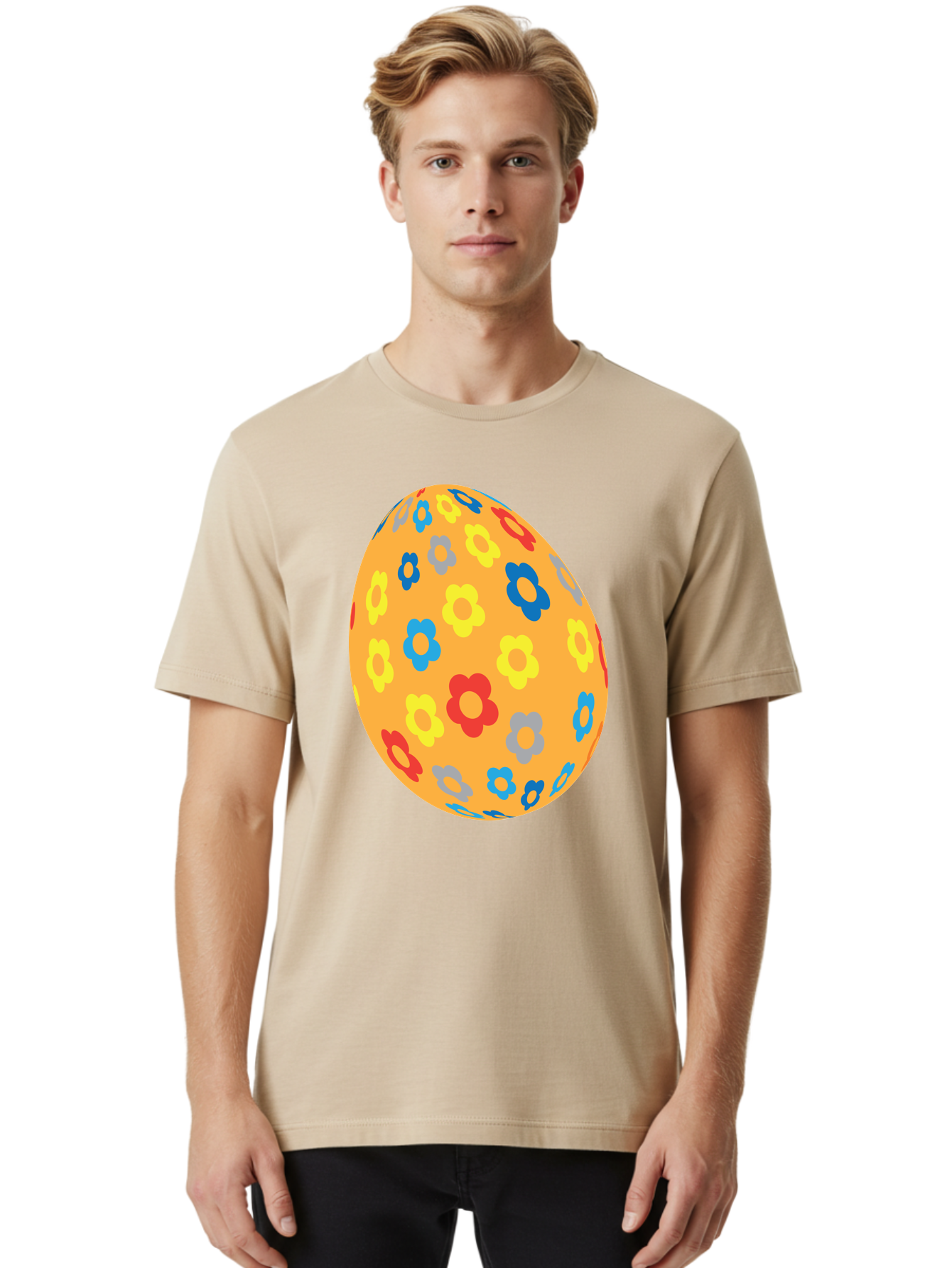 Floral-Easter-Egg Men'S Graphic Tee, 100% Cotton, Comfortable Casual Summer Wear, Machine Washable, Orange Easter Egg, Colorful Flowers, Decorative Pattern, Festive Design, Spring Theme, Vibrant Colors, Easter Decoration, Floral Motif Aac728