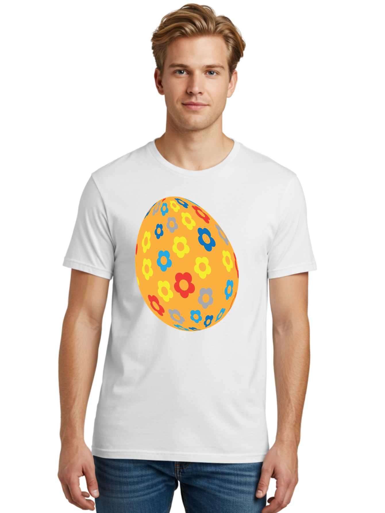 Floral-Easter-Egg Men'S Graphic Tee, 100% Cotton, Comfortable Casual Summer Wear, Machine Washable, Orange Easter Egg, Colorful Flowers, Decorative Pattern, Festive Design, Spring Theme, Vibrant Colors, Easter Decoration, Floral Motif Aac728