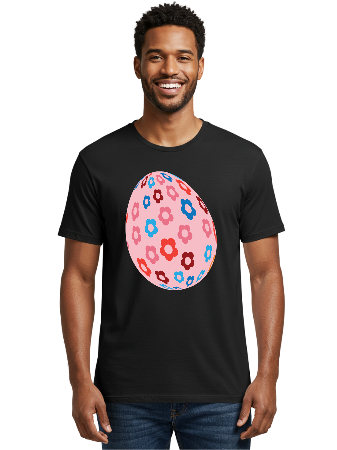 Floral-Egg-2 Men'S Graphic Tee, 100% Cotton, Comfortable Casual Summer Wear, Machine Washable, Easter Egg, Floral Pattern, Pink Background, Red Flowers, Blue Flowers, Colorful Design, Spring Theme, Easter Decoration, Digital Illustration, Aac730