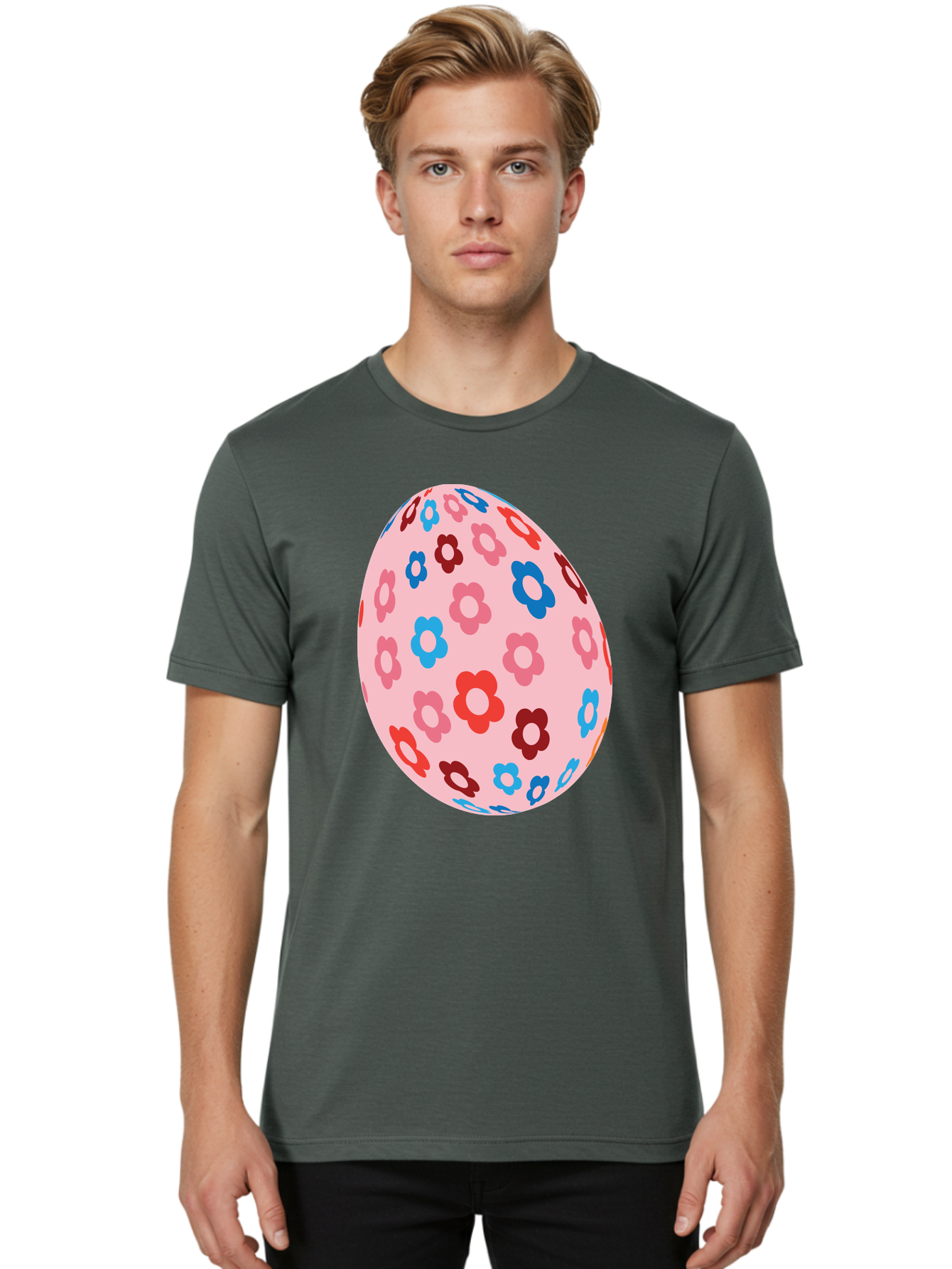 Floral-Egg-2 Men'S Graphic Tee, 100% Cotton, Comfortable Casual Summer Wear, Machine Washable, Easter Egg, Floral Pattern, Pink Background, Red Flowers, Blue Flowers, Colorful Design, Spring Theme, Easter Decoration, Digital Illustration, Aac730
