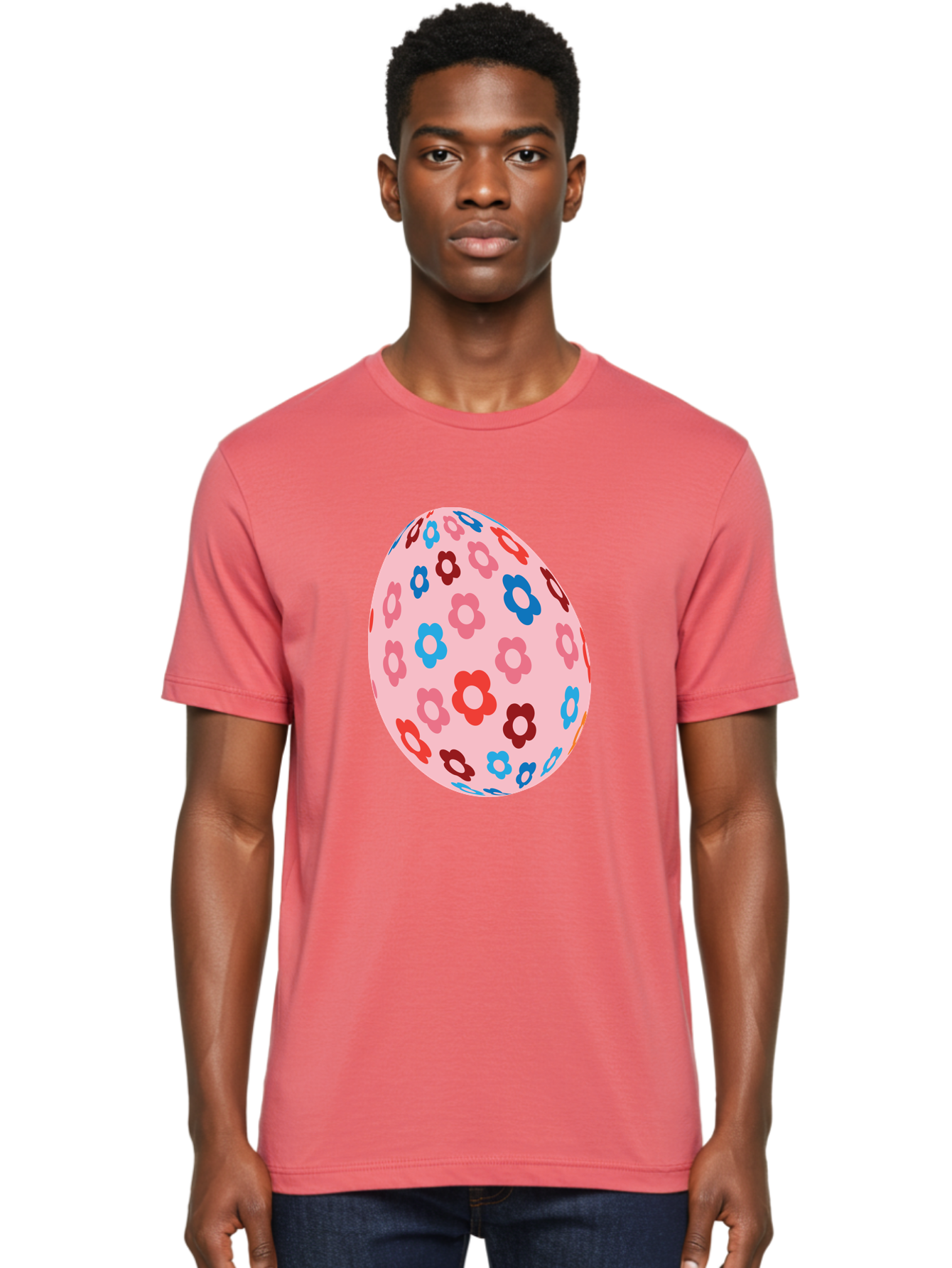 Floral-Egg-2 Men'S Graphic Tee, 100% Cotton, Comfortable Casual Summer Wear, Machine Washable, Easter Egg, Floral Pattern, Pink Background, Red Flowers, Blue Flowers, Colorful Design, Spring Theme, Easter Decoration, Digital Illustration, Aac730