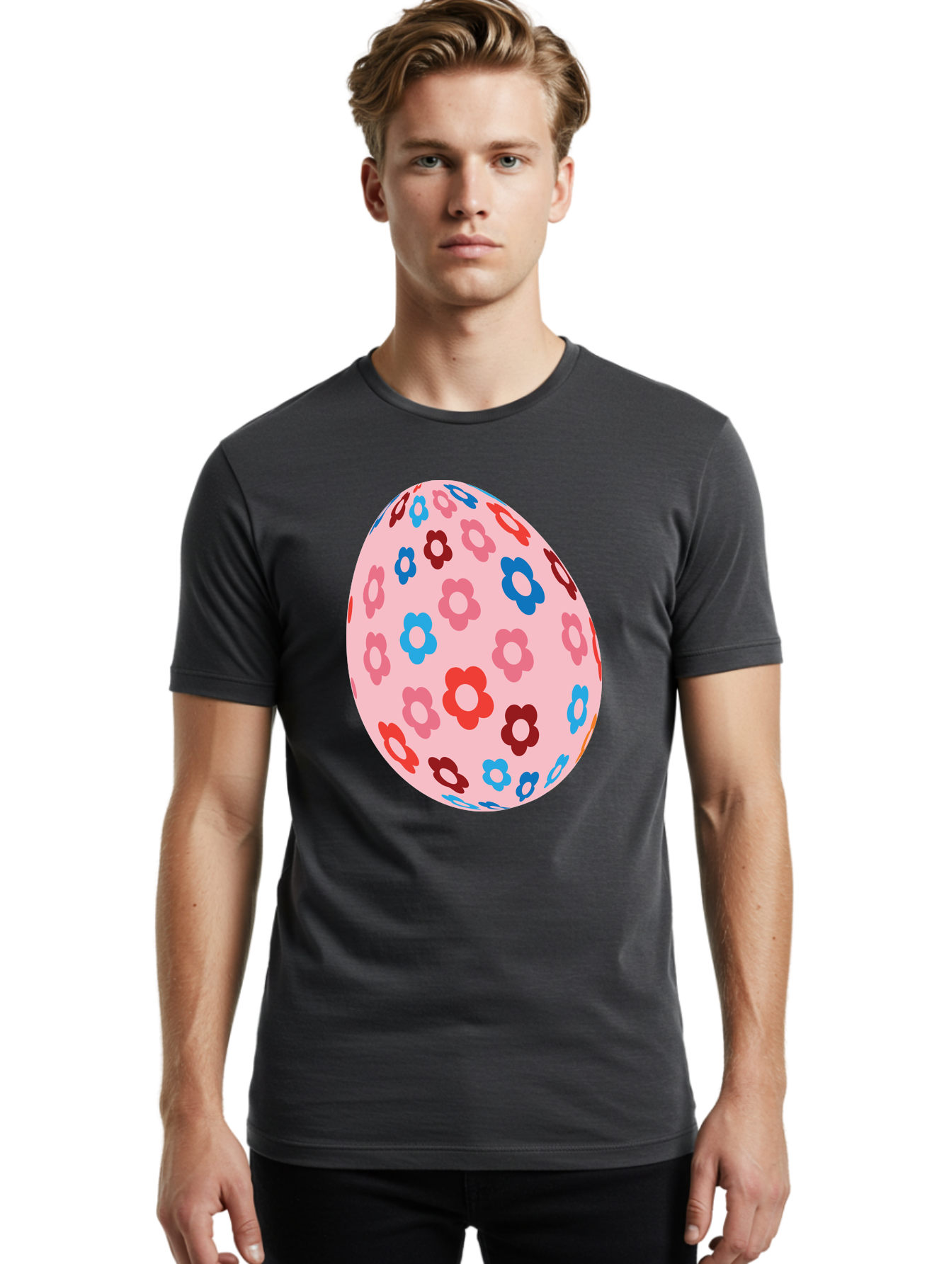 Floral-Egg-2 Men'S Graphic Tee, 100% Cotton, Comfortable Casual Summer Wear, Machine Washable, Easter Egg, Floral Pattern, Pink Background, Red Flowers, Blue Flowers, Colorful Design, Spring Theme, Easter Decoration, Digital Illustration, Aac730