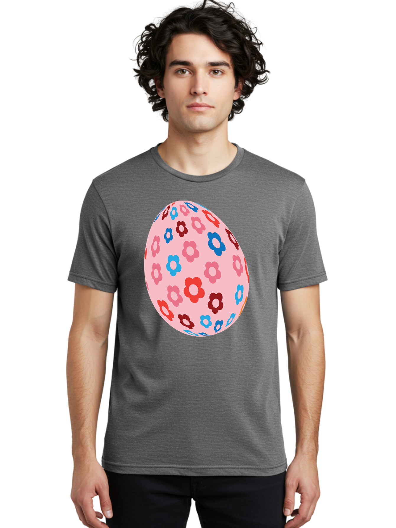 Floral-Egg-2 Men'S Graphic Tee, 100% Cotton, Comfortable Casual Summer Wear, Machine Washable, Easter Egg, Floral Pattern, Pink Background, Red Flowers, Blue Flowers, Colorful Design, Spring Theme, Easter Decoration, Digital Illustration, Aac730