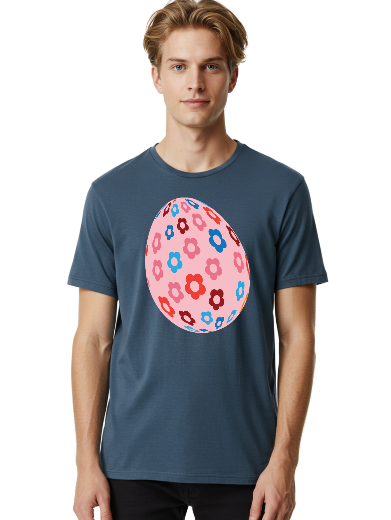 Floral-Egg-2 Men'S Graphic Tee, 100% Cotton, Comfortable Casual Summer Wear, Machine Washable, Easter Egg, Floral Pattern, Pink Background, Red Flowers, Blue Flowers, Colorful Design, Spring Theme, Easter Decoration, Digital Illustration, Aac730