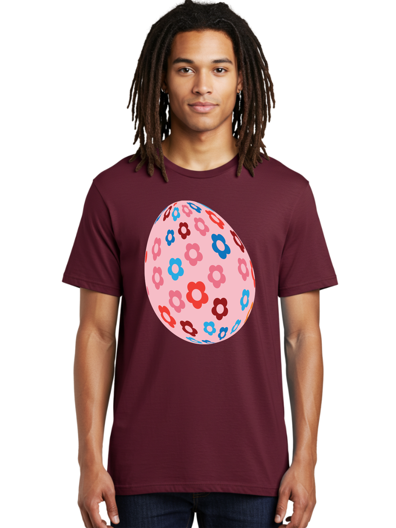 Floral-Egg-2 Men'S Graphic Tee, 100% Cotton, Comfortable Casual Summer Wear, Machine Washable, Easter Egg, Floral Pattern, Pink Background, Red Flowers, Blue Flowers, Colorful Design, Spring Theme, Easter Decoration, Digital Illustration, Aac730