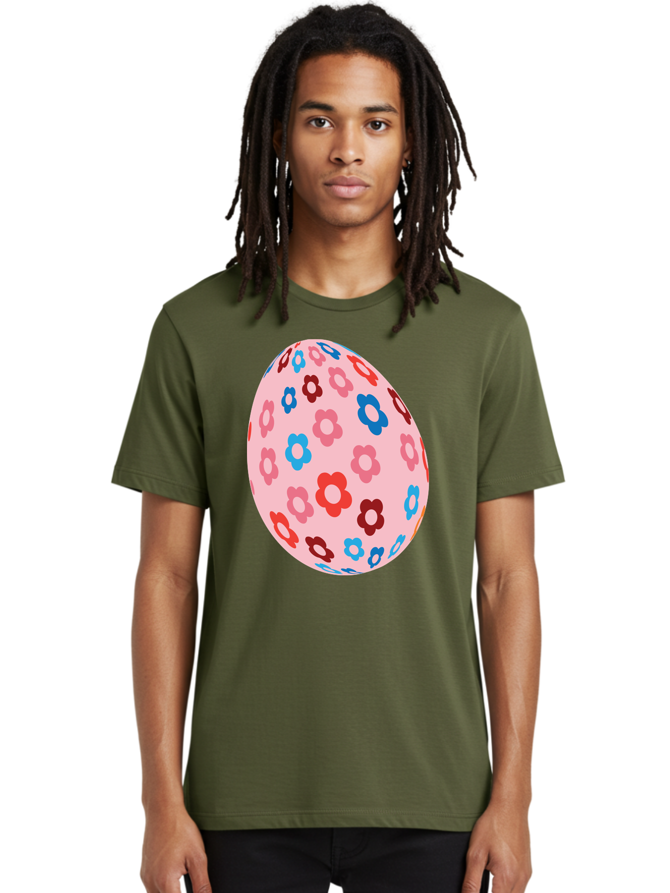 Floral-Egg-2 Men'S Graphic Tee, 100% Cotton, Comfortable Casual Summer Wear, Machine Washable, Easter Egg, Floral Pattern, Pink Background, Red Flowers, Blue Flowers, Colorful Design, Spring Theme, Easter Decoration, Digital Illustration, Aac730