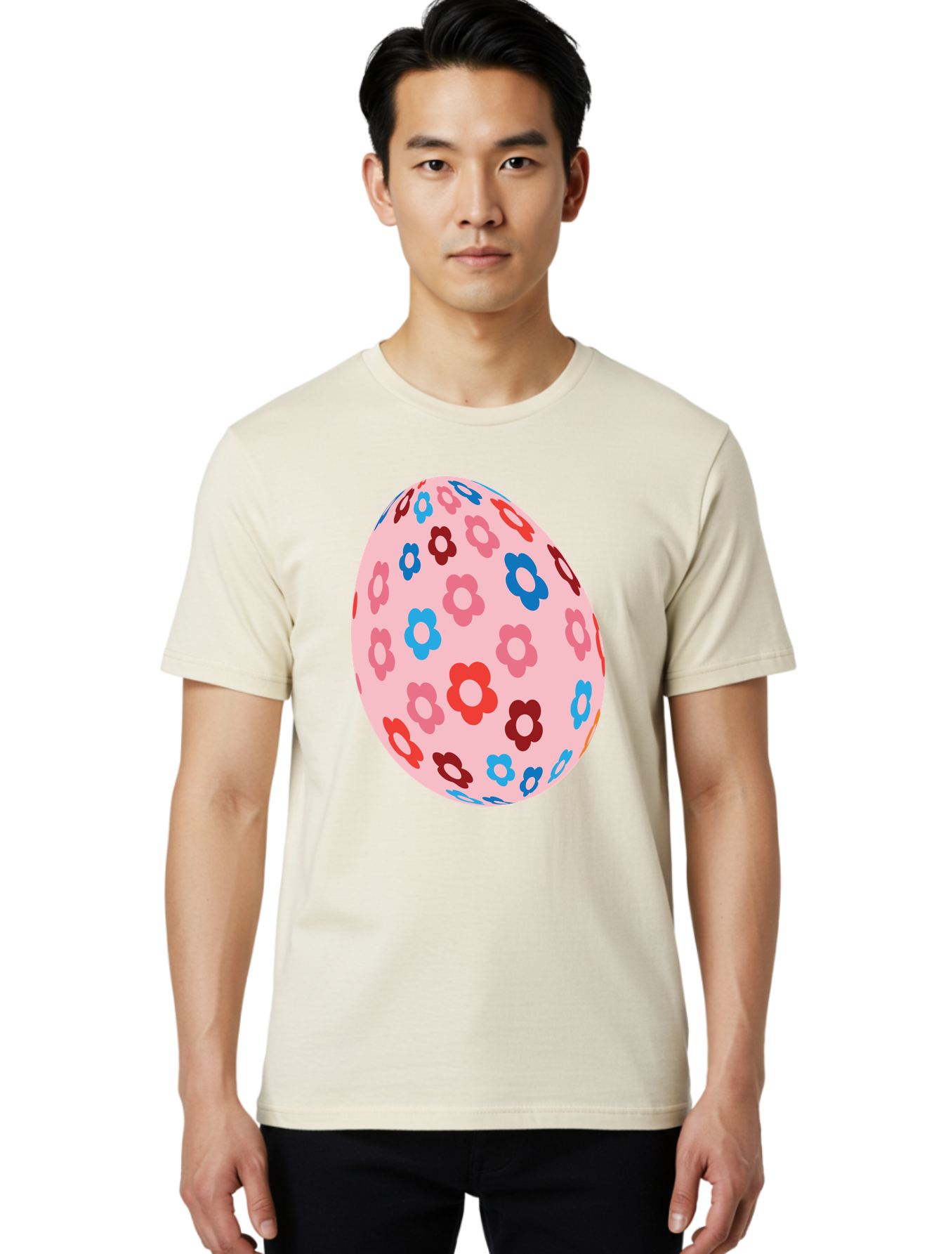 Floral-Egg-2 Men'S Graphic Tee, 100% Cotton, Comfortable Casual Summer Wear, Machine Washable, Easter Egg, Floral Pattern, Pink Background, Red Flowers, Blue Flowers, Colorful Design, Spring Theme, Easter Decoration, Digital Illustration, Aac730