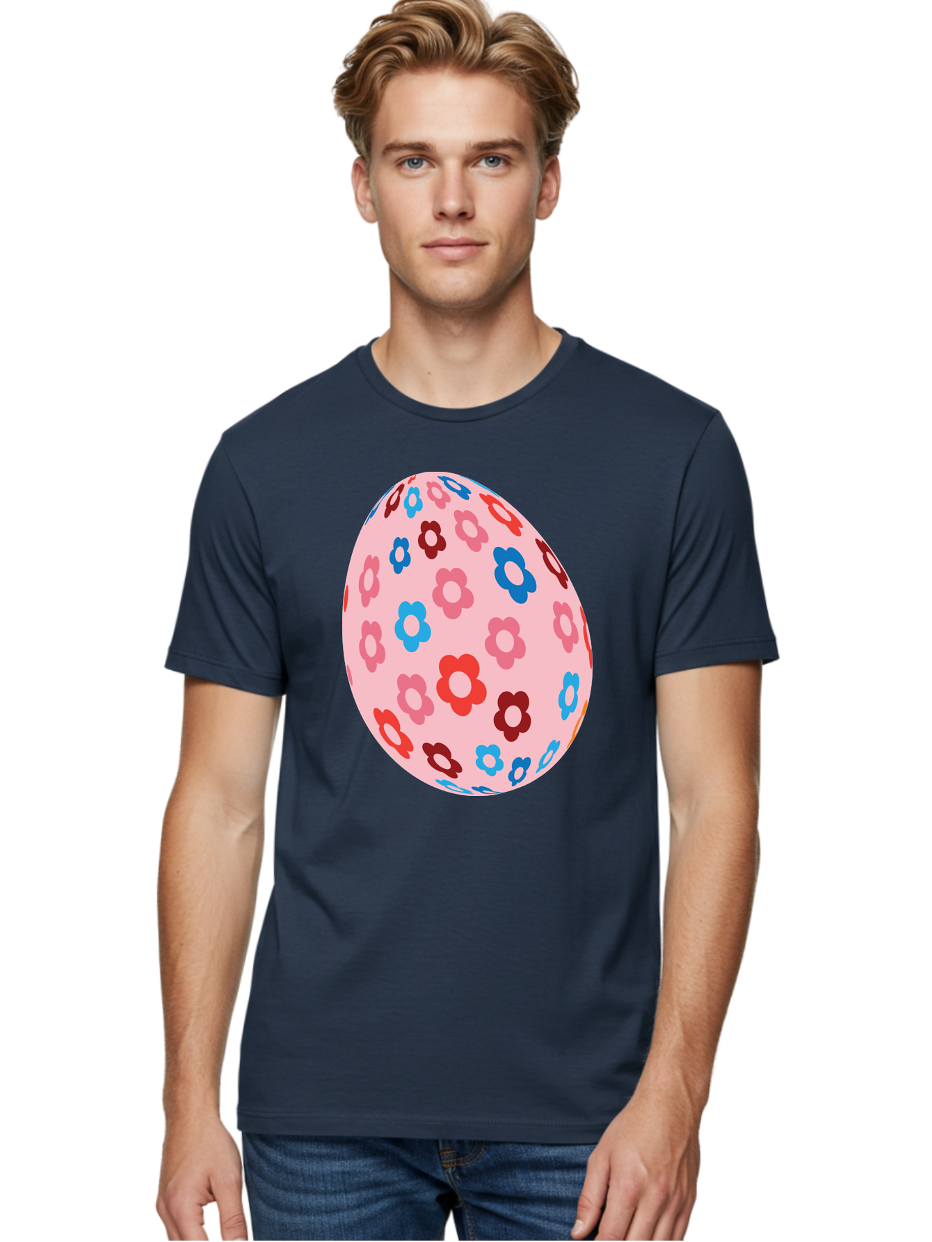 Floral-Egg-2 Men'S Graphic Tee, 100% Cotton, Comfortable Casual Summer Wear, Machine Washable, Easter Egg, Floral Pattern, Pink Background, Red Flowers, Blue Flowers, Colorful Design, Spring Theme, Easter Decoration, Digital Illustration, Aac730