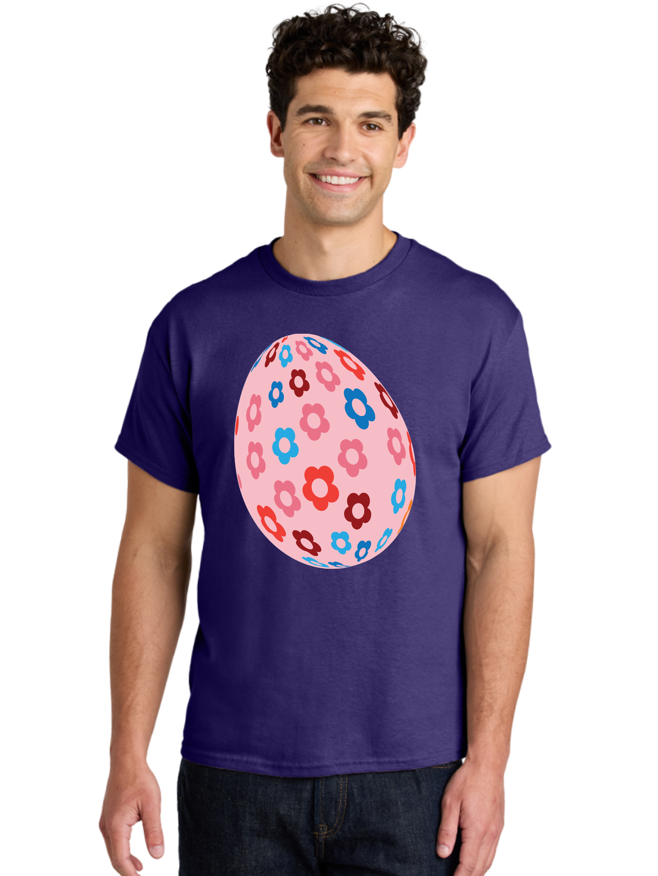 Floral-Egg-2 Men'S Graphic Tee, 100% Cotton, Comfortable Casual Summer Wear, Machine Washable, Easter Egg, Floral Pattern, Pink Background, Red Flowers, Blue Flowers, Colorful Design, Spring Theme, Easter Decoration, Digital Illustration, Aac730