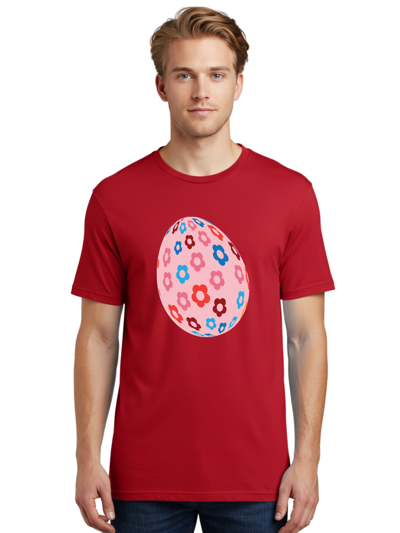 Floral-Egg-2 Men'S Graphic Tee, 100% Cotton, Comfortable Casual Summer Wear, Machine Washable, Easter Egg, Floral Pattern, Pink Background, Red Flowers, Blue Flowers, Colorful Design, Spring Theme, Easter Decoration, Digital Illustration, Aac730