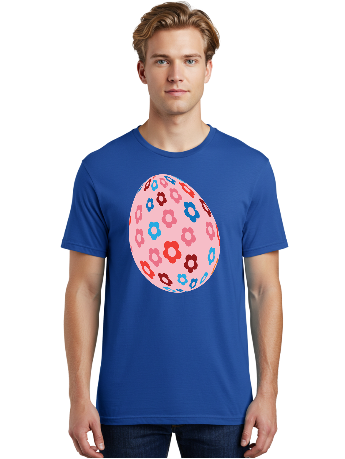 Floral-Egg-2 Men'S Graphic Tee, 100% Cotton, Comfortable Casual Summer Wear, Machine Washable, Easter Egg, Floral Pattern, Pink Background, Red Flowers, Blue Flowers, Colorful Design, Spring Theme, Easter Decoration, Digital Illustration, Aac730