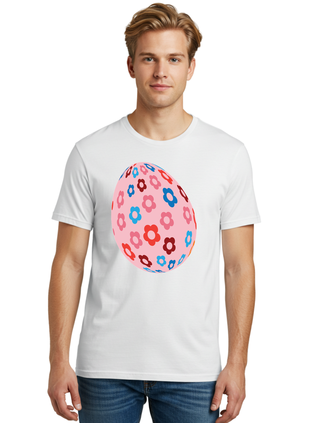 Floral-Egg-2 Men'S Graphic Tee, 100% Cotton, Comfortable Casual Summer Wear, Machine Washable, Easter Egg, Floral Pattern, Pink Background, Red Flowers, Blue Flowers, Colorful Design, Spring Theme, Easter Decoration, Digital Illustration, Aac730