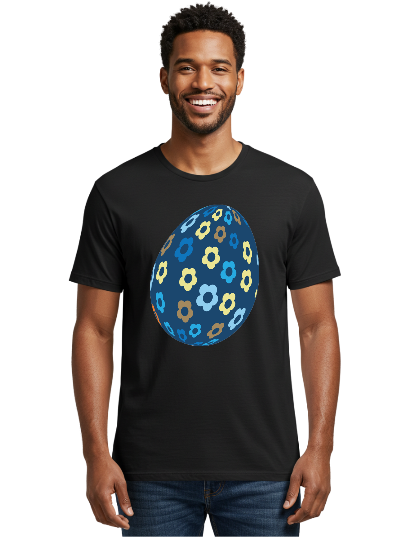 Floral-Egg-3 Men'S Graphic Tee, 100% Cotton, Comfortable Casual Summer Wear, Machine Washable, Easter Egg, Floral Pattern, Pastel Colors, Blue Egg, Yellow Flowers, Brown Flowers, Light Blue Flowers, Spring Theme, Easter Decoration Aac731