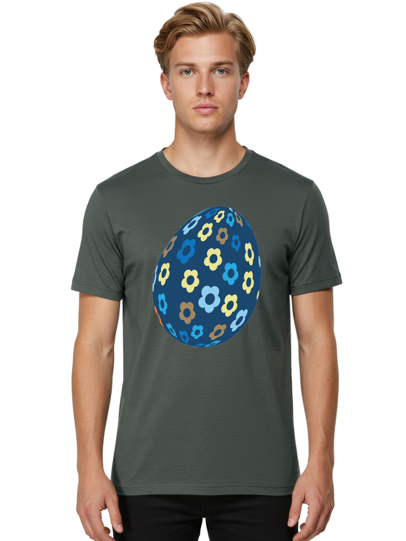 Floral-Egg-3 Men'S Graphic Tee, 100% Cotton, Comfortable Casual Summer Wear, Machine Washable, Easter Egg, Floral Pattern, Pastel Colors, Blue Egg, Yellow Flowers, Brown Flowers, Light Blue Flowers, Spring Theme, Easter Decoration Aac731