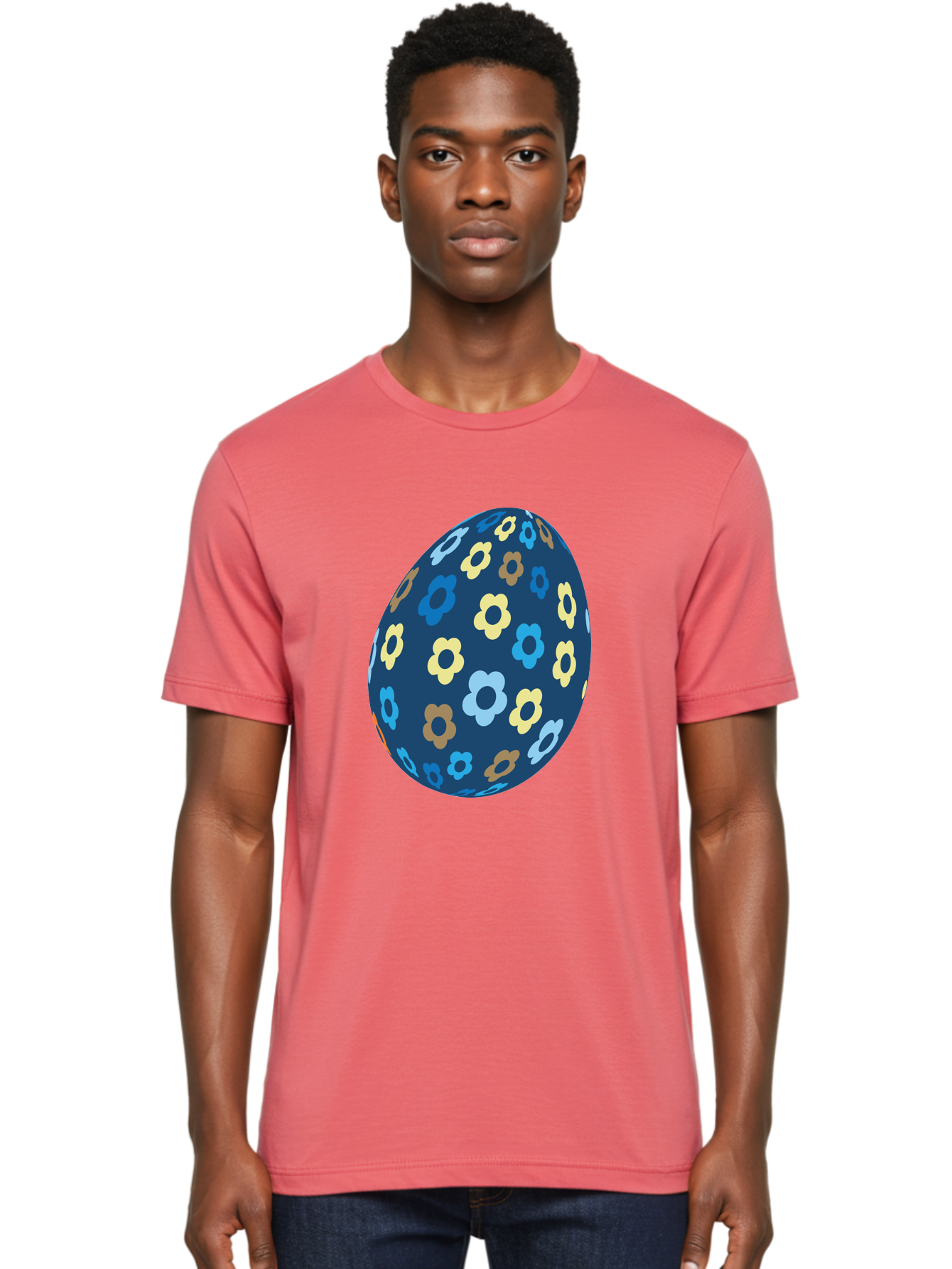 Floral-Egg-3 Men'S Graphic Tee, 100% Cotton, Comfortable Casual Summer Wear, Machine Washable, Easter Egg, Floral Pattern, Pastel Colors, Blue Egg, Yellow Flowers, Brown Flowers, Light Blue Flowers, Spring Theme, Easter Decoration Aac731