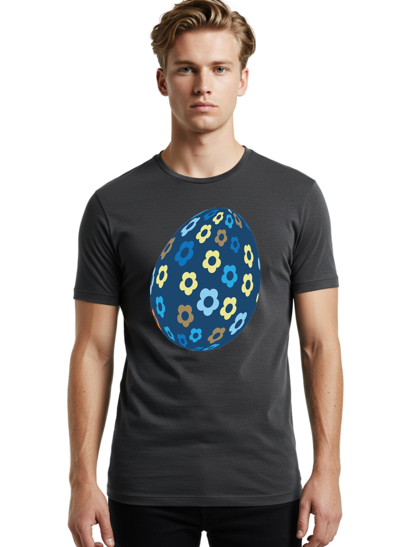 Floral-Egg-3 Men'S Graphic Tee, 100% Cotton, Comfortable Casual Summer Wear, Machine Washable, Easter Egg, Floral Pattern, Pastel Colors, Blue Egg, Yellow Flowers, Brown Flowers, Light Blue Flowers, Spring Theme, Easter Decoration Aac731