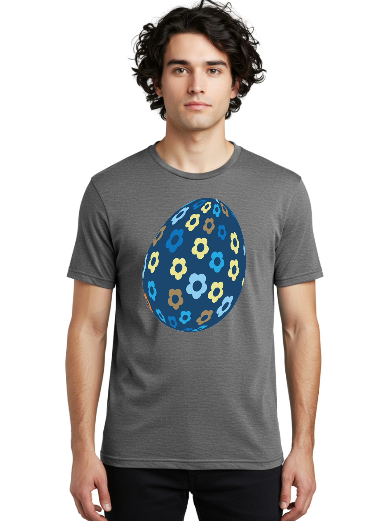 Floral-Egg-3 Men'S Graphic Tee, 100% Cotton, Comfortable Casual Summer Wear, Machine Washable, Easter Egg, Floral Pattern, Pastel Colors, Blue Egg, Yellow Flowers, Brown Flowers, Light Blue Flowers, Spring Theme, Easter Decoration Aac731