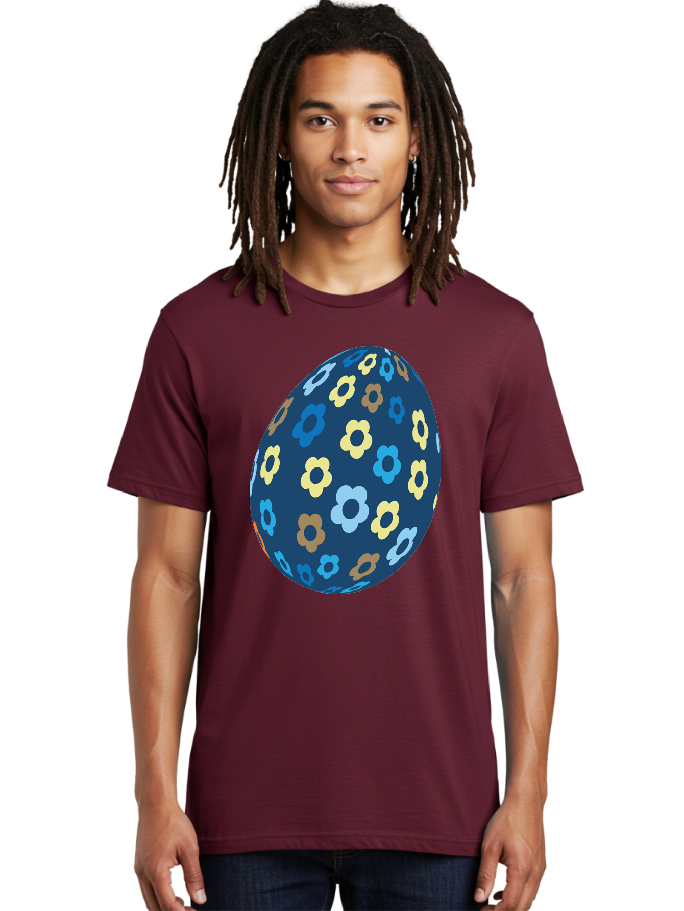 Floral-Egg-3 Men'S Graphic Tee, 100% Cotton, Comfortable Casual Summer Wear, Machine Washable, Easter Egg, Floral Pattern, Pastel Colors, Blue Egg, Yellow Flowers, Brown Flowers, Light Blue Flowers, Spring Theme, Easter Decoration Aac731