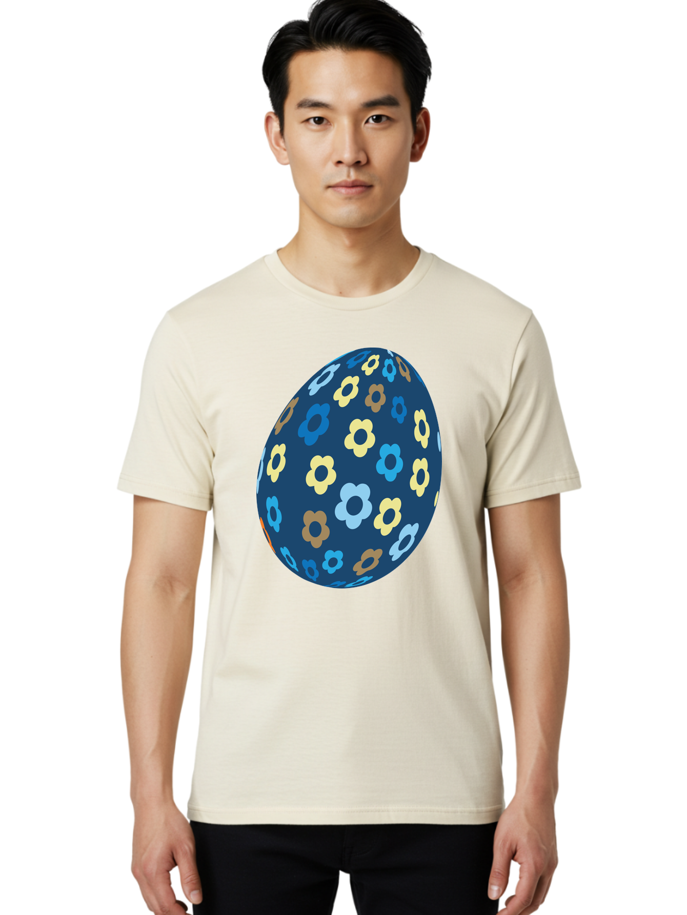 Floral-Egg-3 Men'S Graphic Tee, 100% Cotton, Comfortable Casual Summer Wear, Machine Washable, Easter Egg, Floral Pattern, Pastel Colors, Blue Egg, Yellow Flowers, Brown Flowers, Light Blue Flowers, Spring Theme, Easter Decoration Aac731