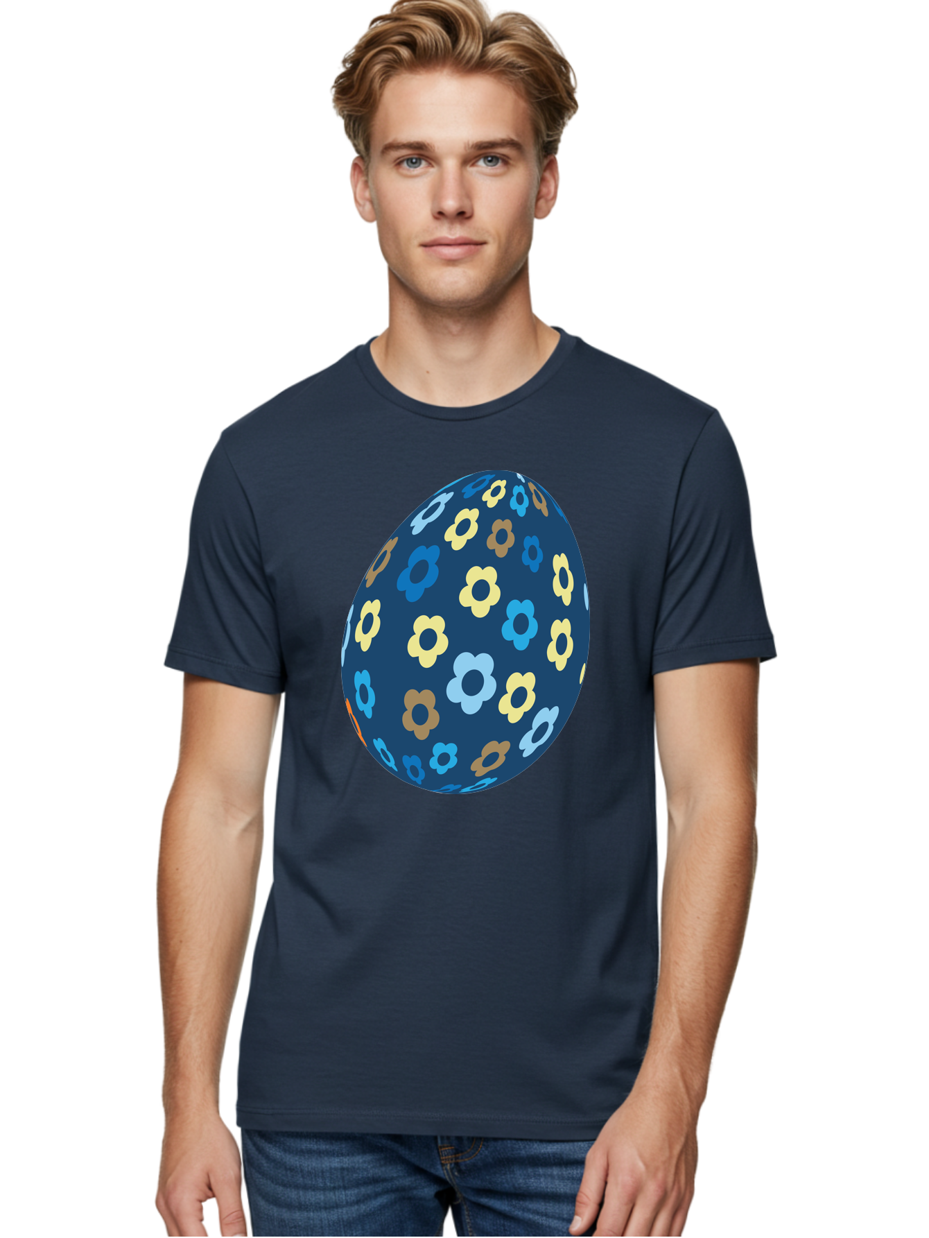 Floral-Egg-3 Men'S Graphic Tee, 100% Cotton, Comfortable Casual Summer Wear, Machine Washable, Easter Egg, Floral Pattern, Pastel Colors, Blue Egg, Yellow Flowers, Brown Flowers, Light Blue Flowers, Spring Theme, Easter Decoration Aac731