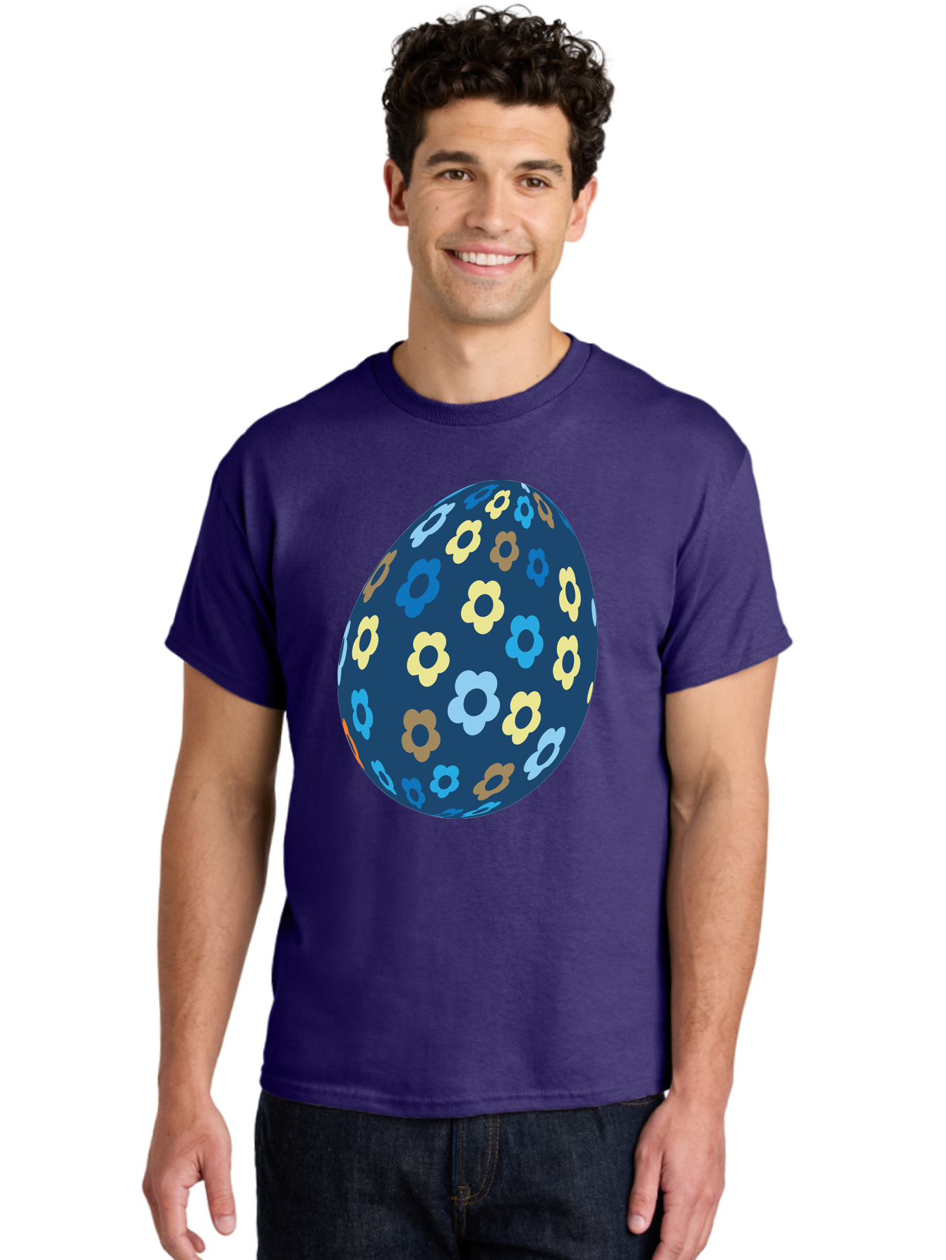 Floral-Egg-3 Men'S Graphic Tee, 100% Cotton, Comfortable Casual Summer Wear, Machine Washable, Easter Egg, Floral Pattern, Pastel Colors, Blue Egg, Yellow Flowers, Brown Flowers, Light Blue Flowers, Spring Theme, Easter Decoration Aac731