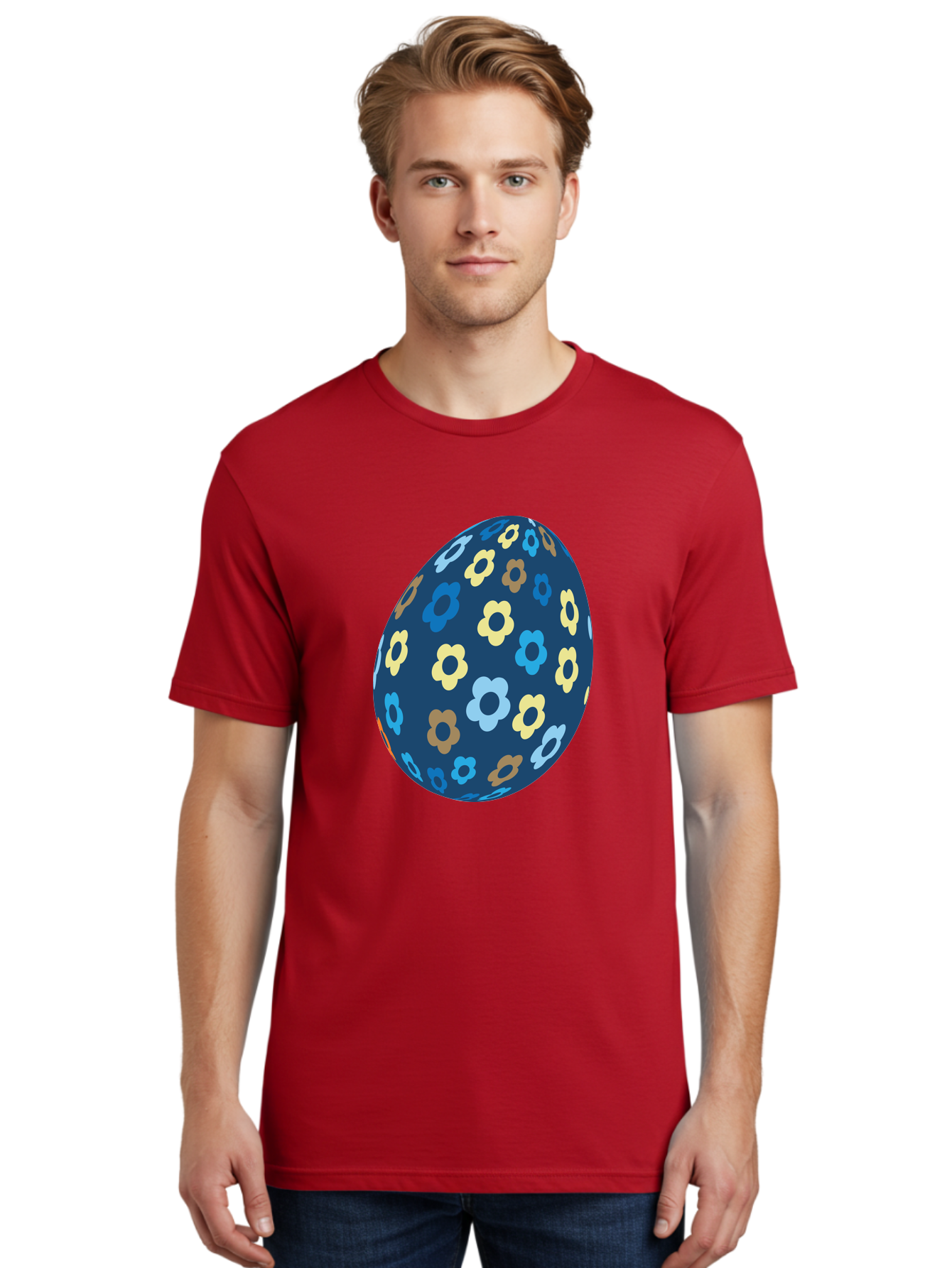 Floral-Egg-3 Men'S Graphic Tee, 100% Cotton, Comfortable Casual Summer Wear, Machine Washable, Easter Egg, Floral Pattern, Pastel Colors, Blue Egg, Yellow Flowers, Brown Flowers, Light Blue Flowers, Spring Theme, Easter Decoration Aac731