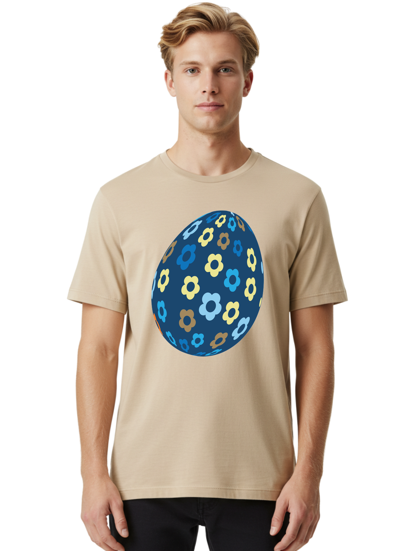 Floral-Egg-3 Men'S Graphic Tee, 100% Cotton, Comfortable Casual Summer Wear, Machine Washable, Easter Egg, Floral Pattern, Pastel Colors, Blue Egg, Yellow Flowers, Brown Flowers, Light Blue Flowers, Spring Theme, Easter Decoration Aac731