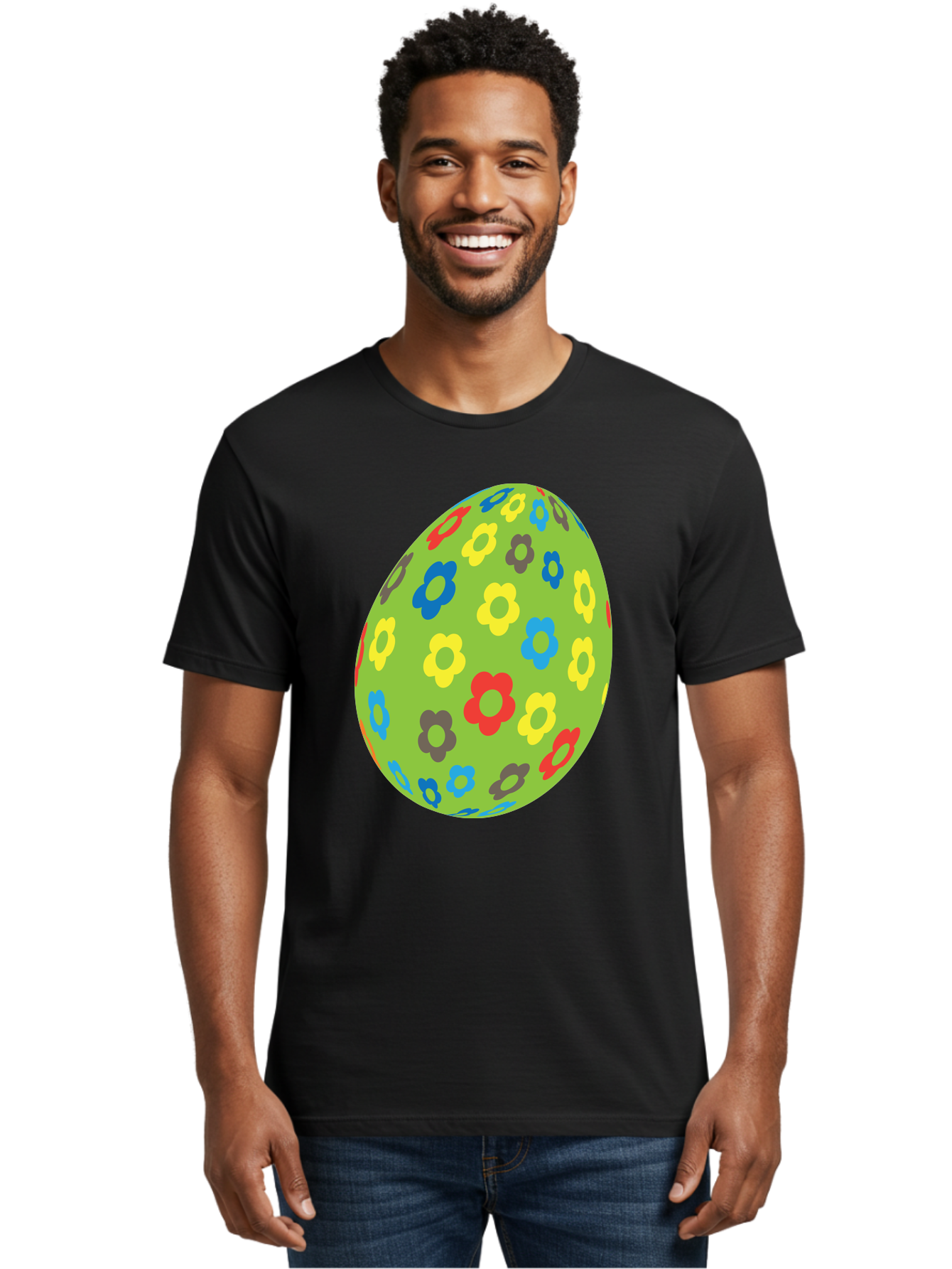 Floral-Egg Men'S Graphic Tee, 100% Cotton, Comfortable Casual Summer Wear, Machine Washable, Decorated Egg, Floral Pattern, Colorful Flowers, Easter Egg Decoration, Spring Theme, Festive Design, Cartoon Style, Red, Blue, Yellow, Purple Flowers Aac732