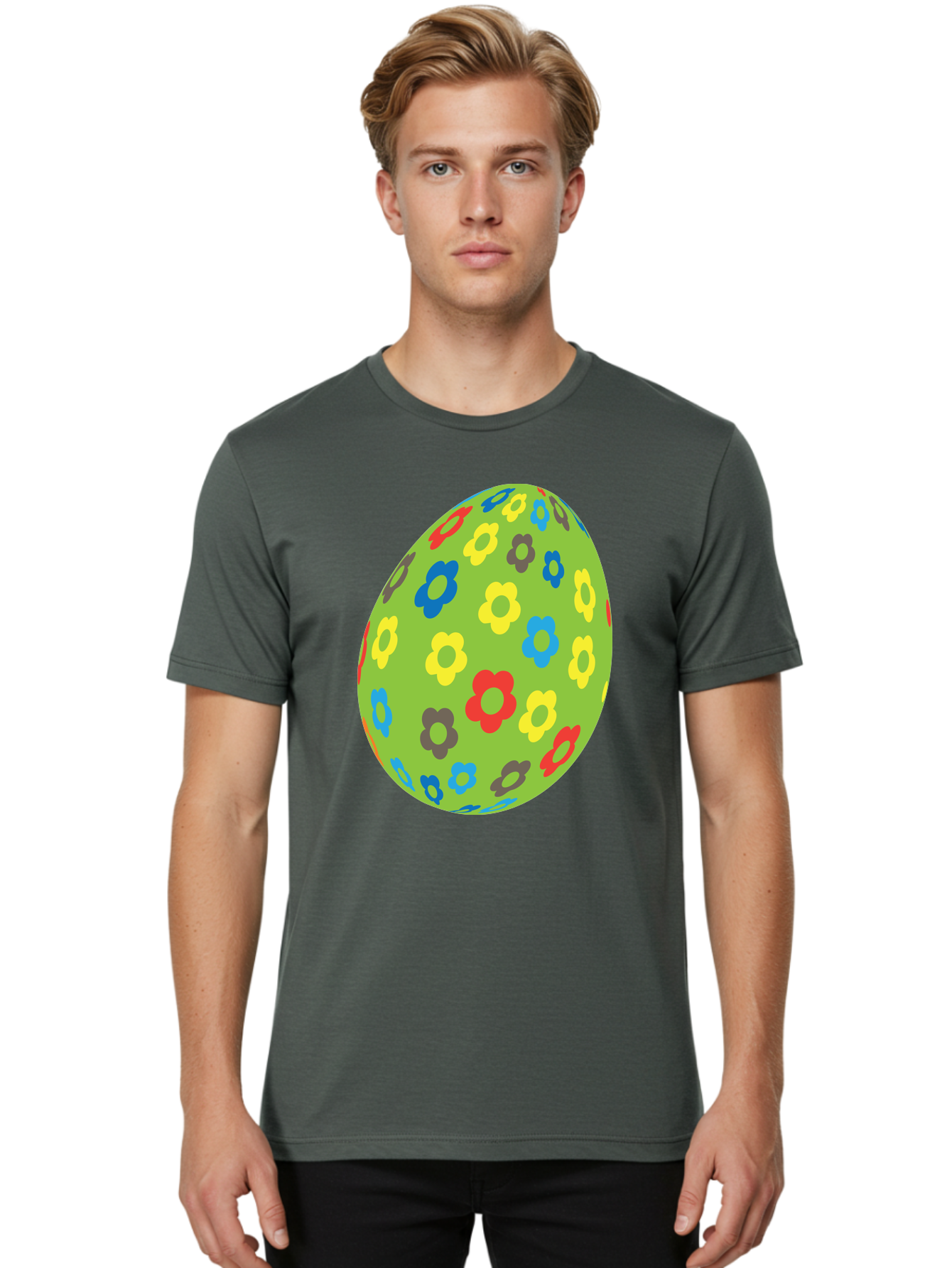 Floral-Egg Men'S Graphic Tee, 100% Cotton, Comfortable Casual Summer Wear, Machine Washable, Decorated Egg, Floral Pattern, Colorful Flowers, Easter Egg Decoration, Spring Theme, Festive Design, Cartoon Style, Red, Blue, Yellow, Purple Flowers Aac732