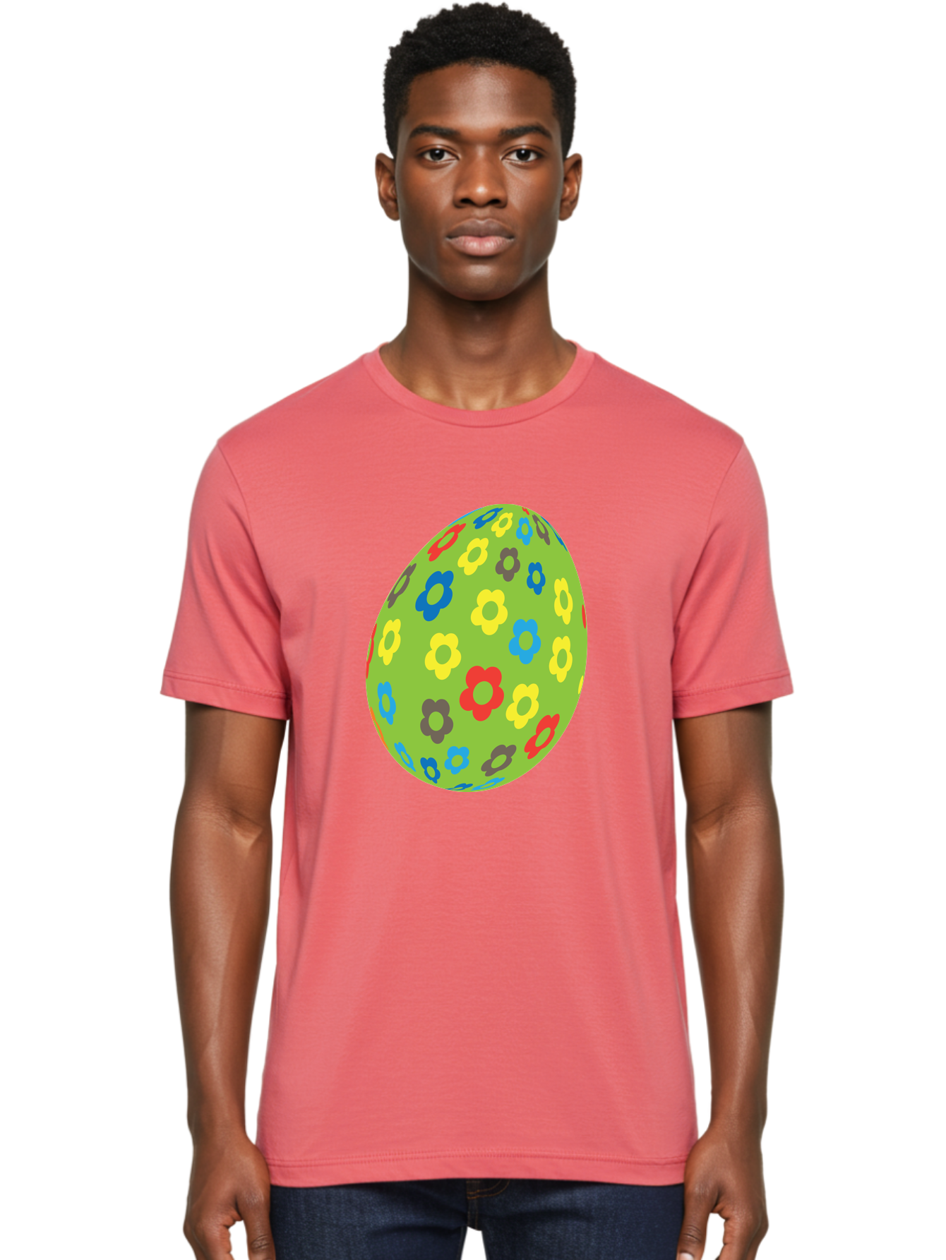 Floral-Egg Men'S Graphic Tee, 100% Cotton, Comfortable Casual Summer Wear, Machine Washable, Decorated Egg, Floral Pattern, Colorful Flowers, Easter Egg Decoration, Spring Theme, Festive Design, Cartoon Style, Red, Blue, Yellow, Purple Flowers Aac732