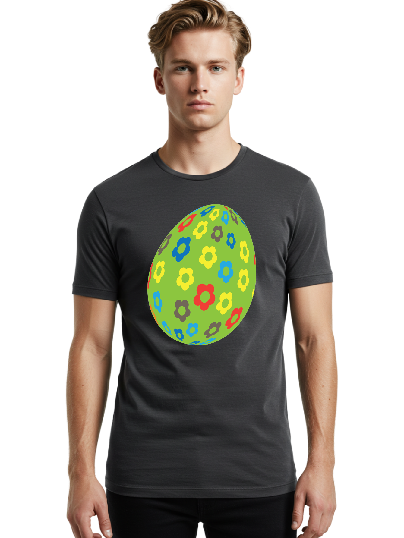 Floral-Egg Men'S Graphic Tee, 100% Cotton, Comfortable Casual Summer Wear, Machine Washable, Decorated Egg, Floral Pattern, Colorful Flowers, Easter Egg Decoration, Spring Theme, Festive Design, Cartoon Style, Red, Blue, Yellow, Purple Flowers Aac732