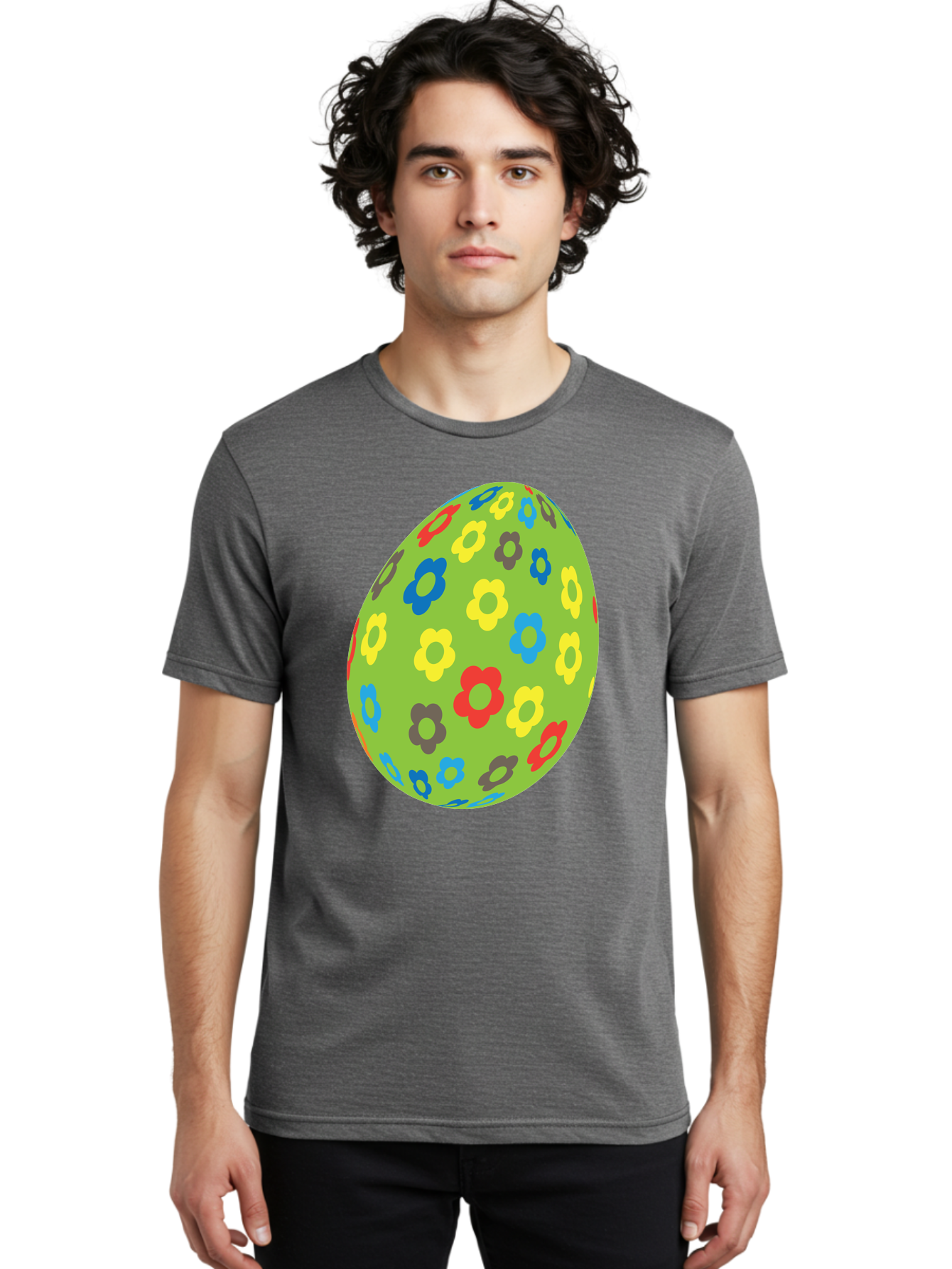 Floral-Egg Men'S Graphic Tee, 100% Cotton, Comfortable Casual Summer Wear, Machine Washable, Decorated Egg, Floral Pattern, Colorful Flowers, Easter Egg Decoration, Spring Theme, Festive Design, Cartoon Style, Red, Blue, Yellow, Purple Flowers Aac732