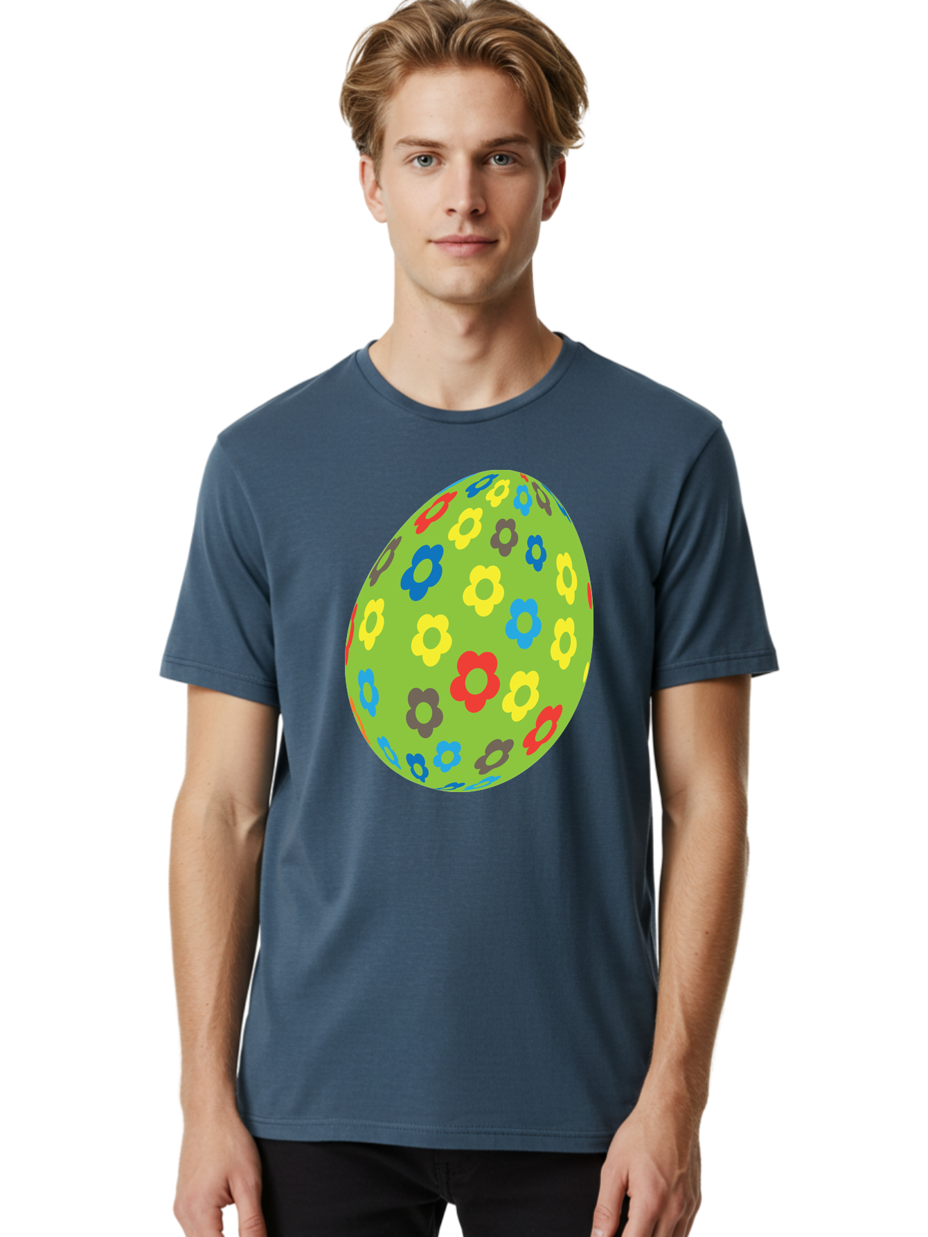 Floral-Egg Men'S Graphic Tee, 100% Cotton, Comfortable Casual Summer Wear, Machine Washable, Decorated Egg, Floral Pattern, Colorful Flowers, Easter Egg Decoration, Spring Theme, Festive Design, Cartoon Style, Red, Blue, Yellow, Purple Flowers Aac732