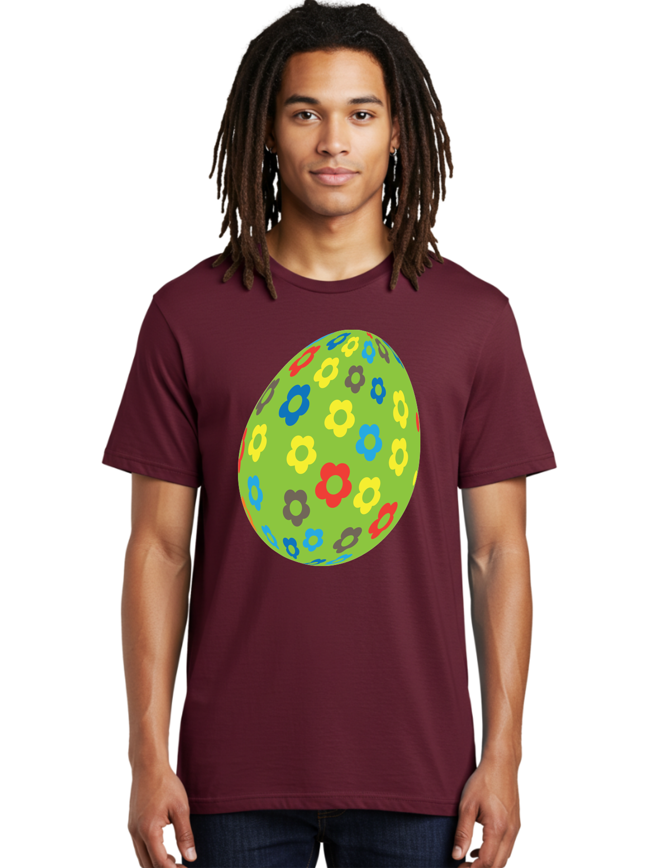 Floral-Egg Men'S Graphic Tee, 100% Cotton, Comfortable Casual Summer Wear, Machine Washable, Decorated Egg, Floral Pattern, Colorful Flowers, Easter Egg Decoration, Spring Theme, Festive Design, Cartoon Style, Red, Blue, Yellow, Purple Flowers Aac732